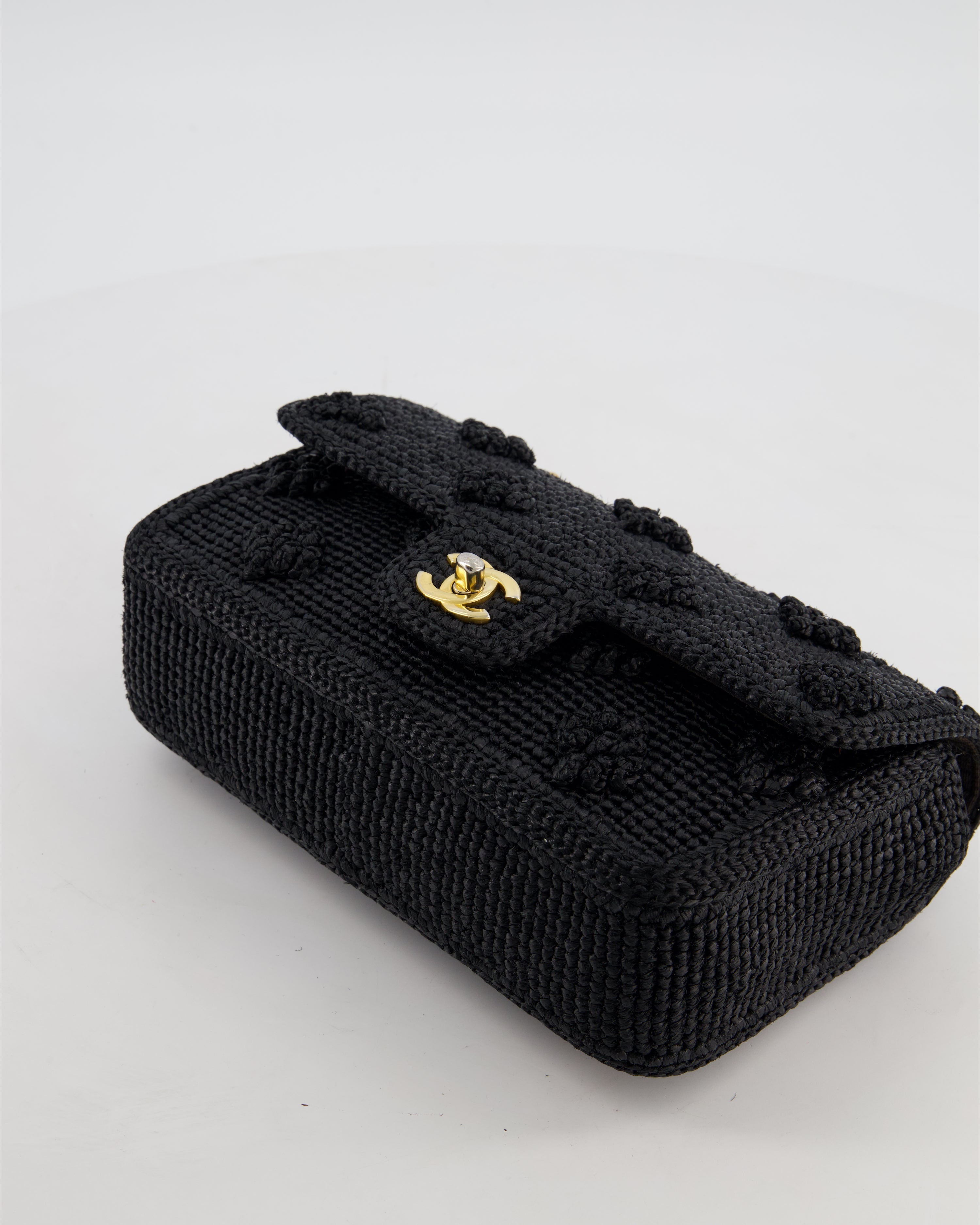 *HOT* Chanel Black Crocheted Raffia Small Single Flap Cross-Body Bag with Antique Gold Hardware