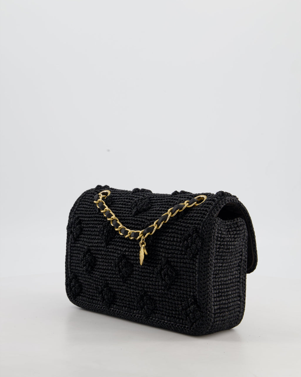 *HOT* Chanel Black Crocheted Raffia Small Single Flap Cross-Body Bag with Antique Gold Hardware