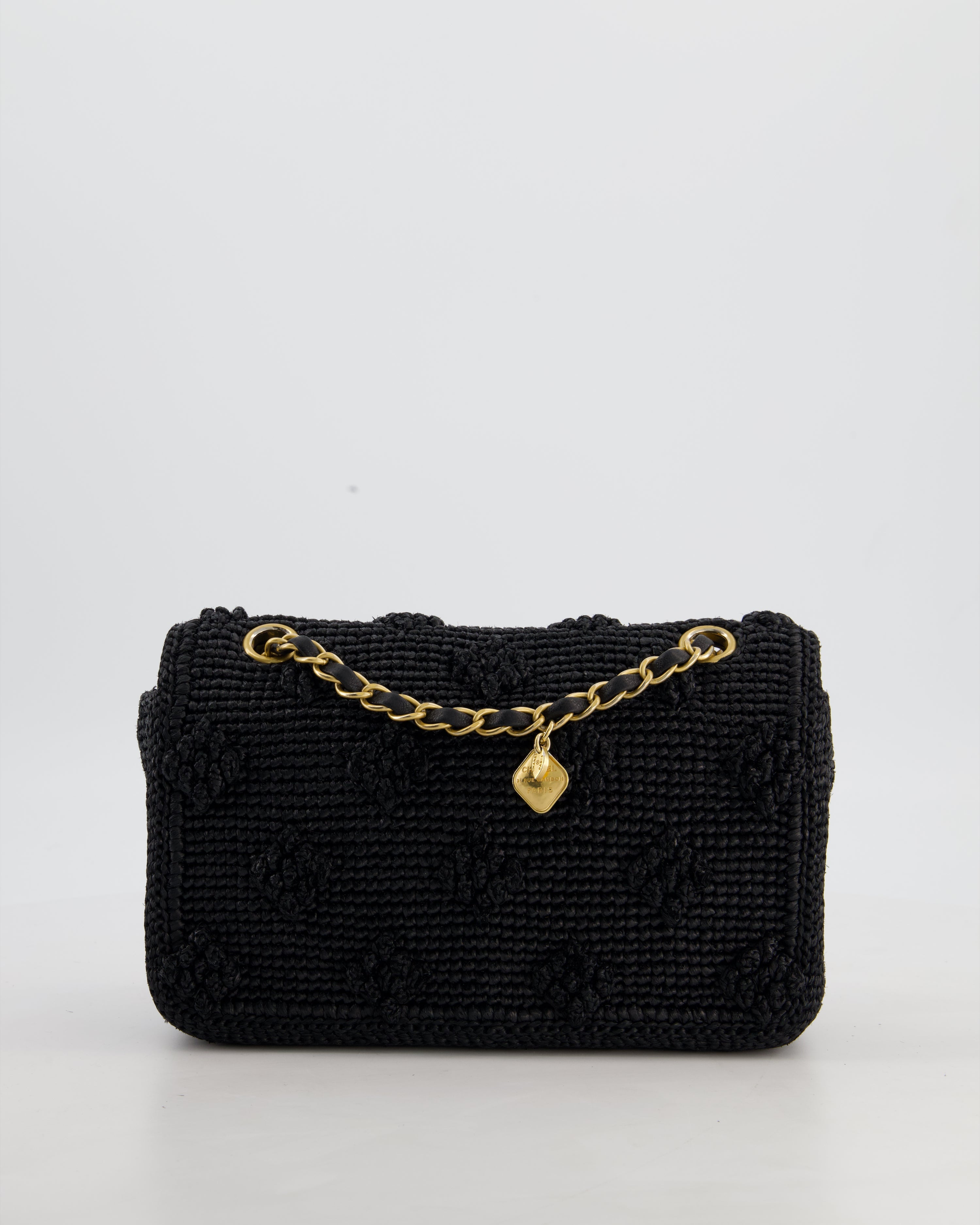 *HOT* Chanel Black Crocheted Raffia Small Single Flap Cross-Body Bag with Antique Gold Hardware