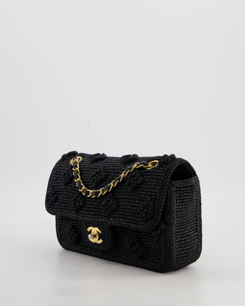 *HOT* Chanel Black Crocheted Raffia Small Single Flap Cross-Body Bag with Antique Gold Hardware