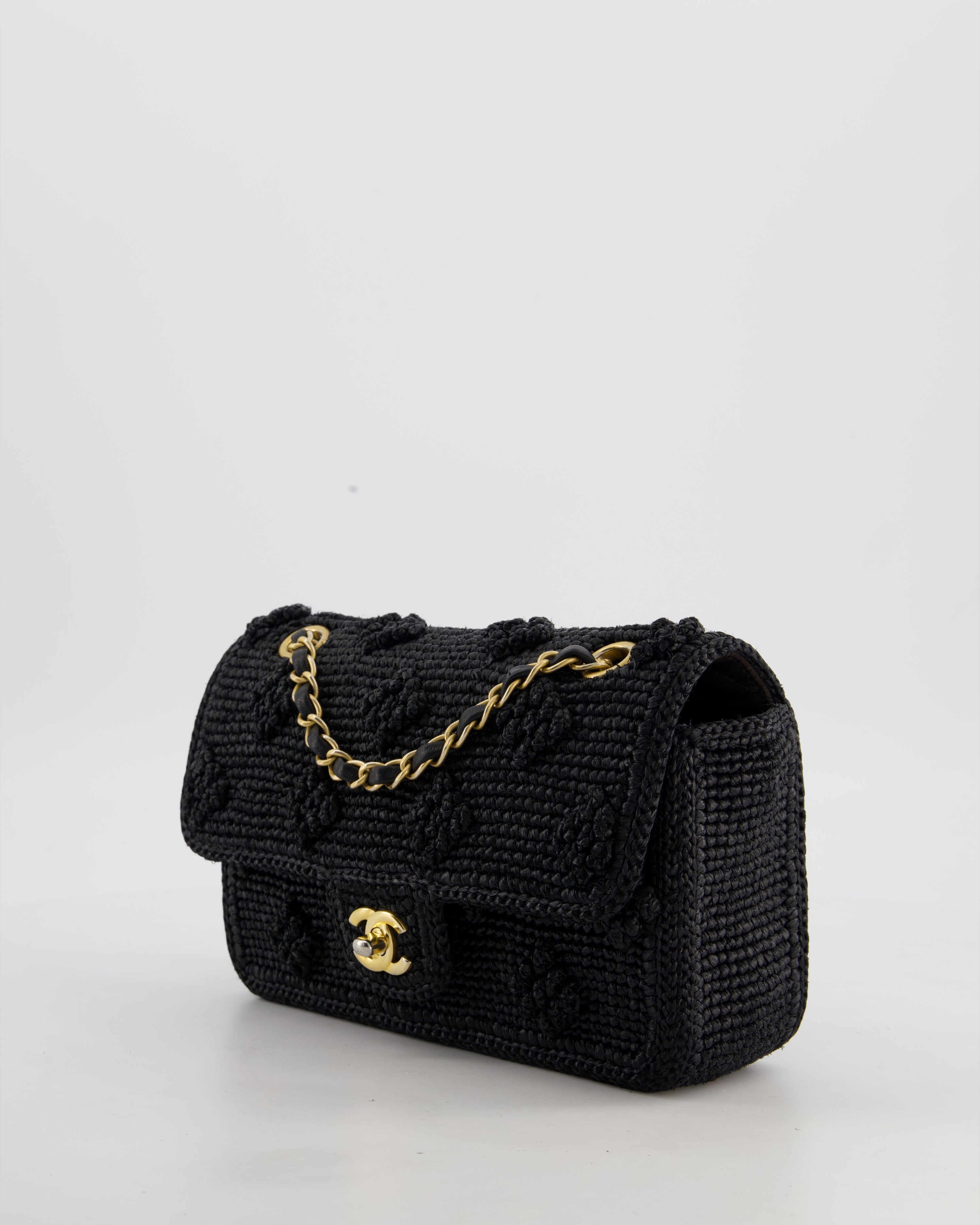 *HOT* Chanel Black Crocheted Raffia Small Single Flap Cross-Body Bag with Antique Gold Hardware
