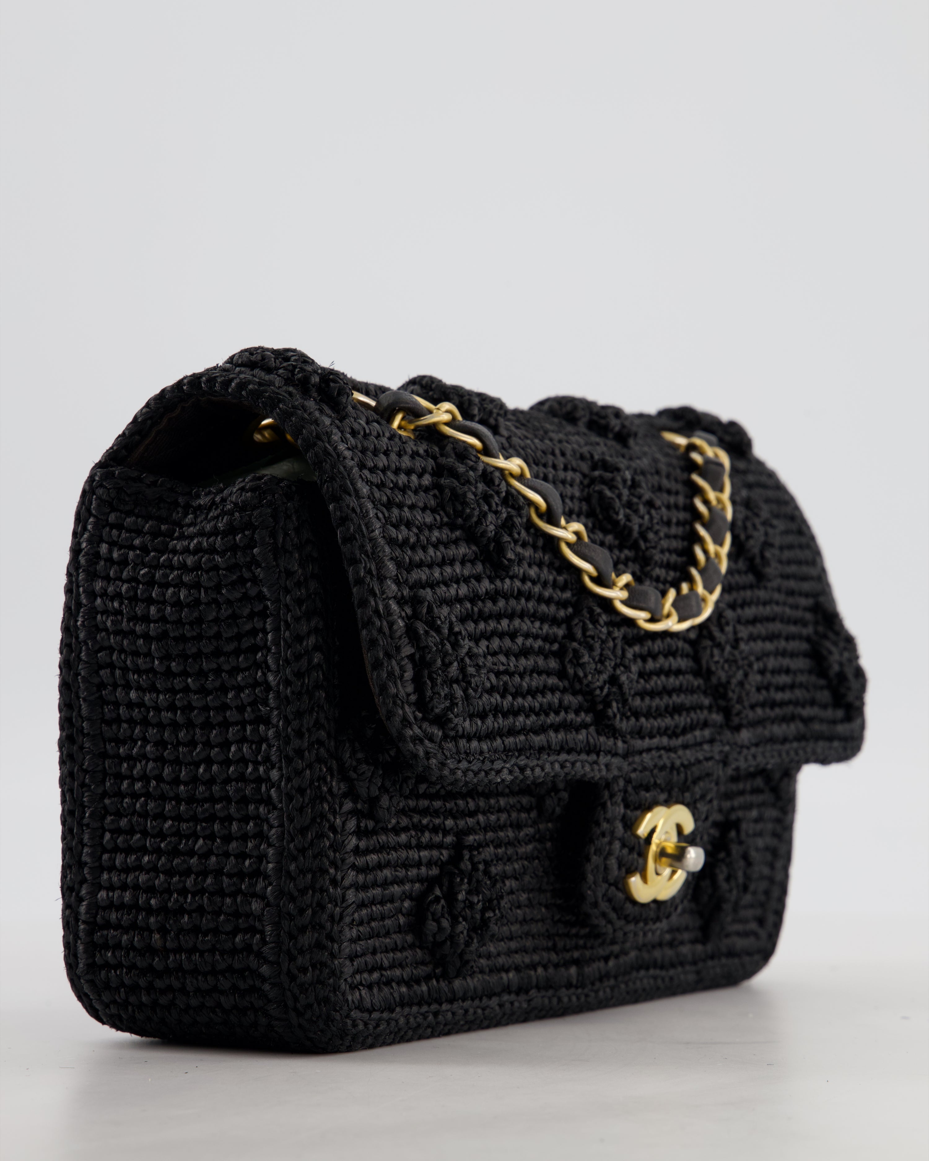 *HOT* Chanel Black Crocheted Raffia Small Single Flap Cross-Body Bag with Antique Gold Hardware