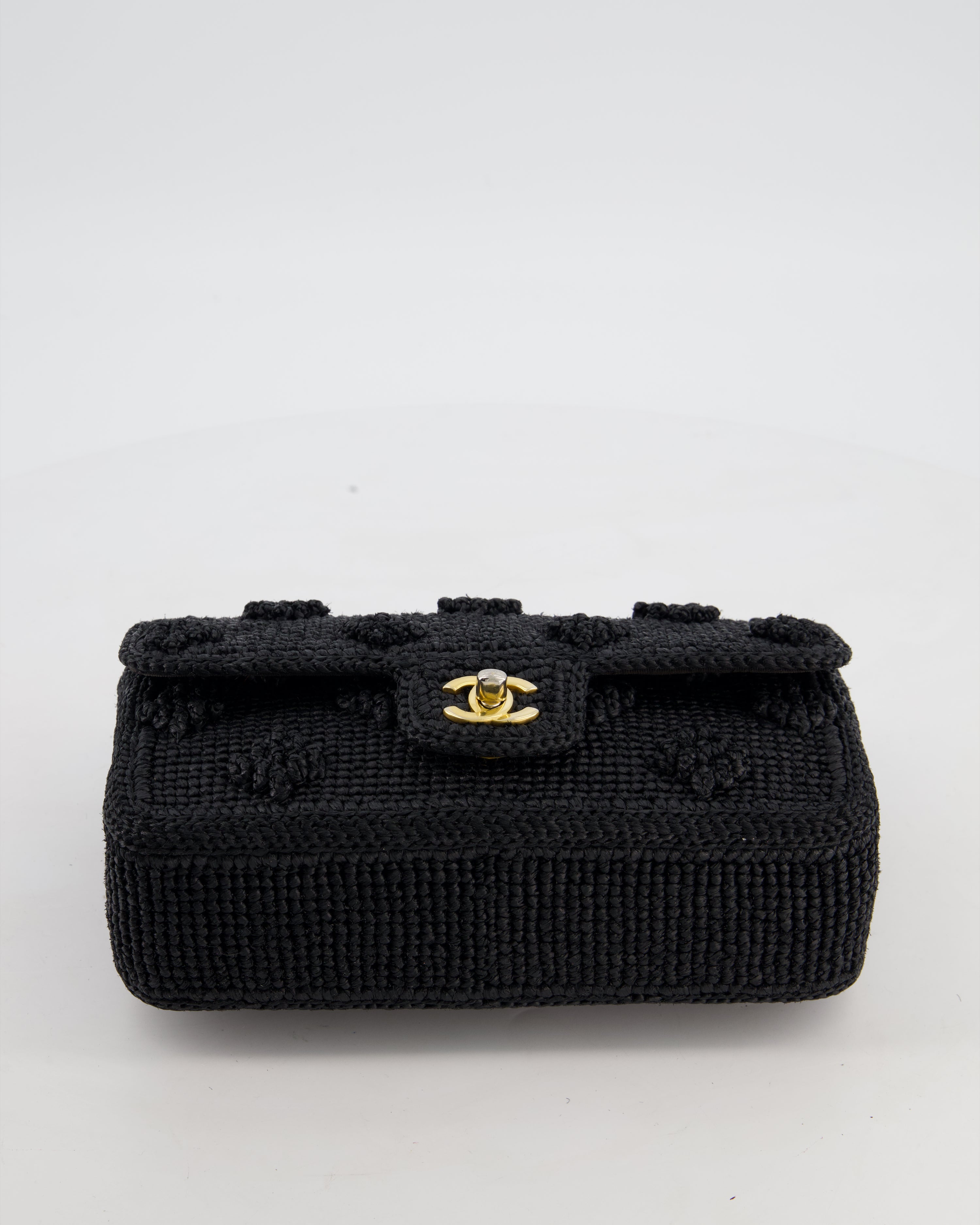 *HOT* Chanel Black Crocheted Raffia Small Single Flap Cross-Body Bag with Antique Gold Hardware