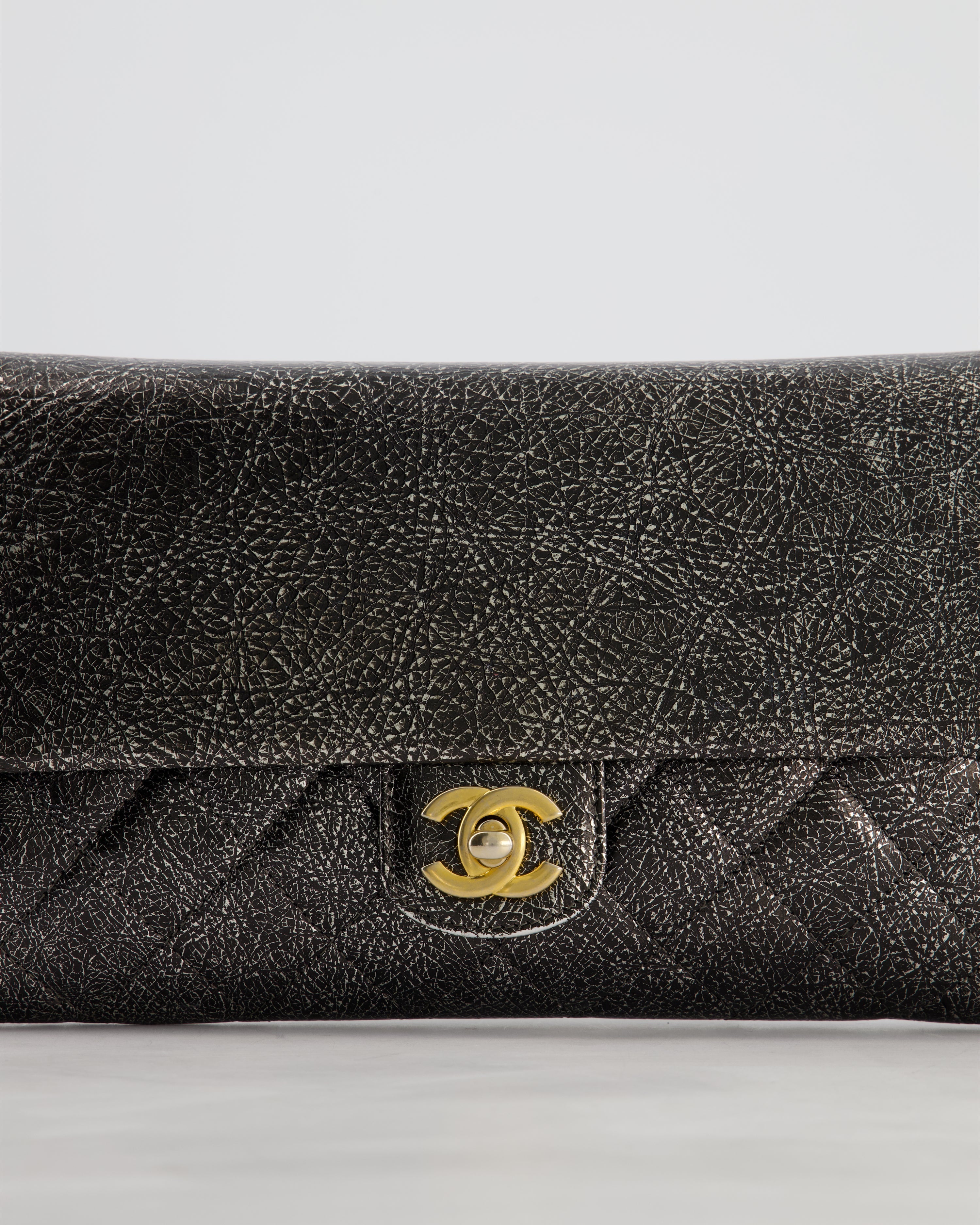 Chanel Black, Cracked Silver Metallic Wallet on Chain Bag in Calfskin Leather with Antique Gold Hardware