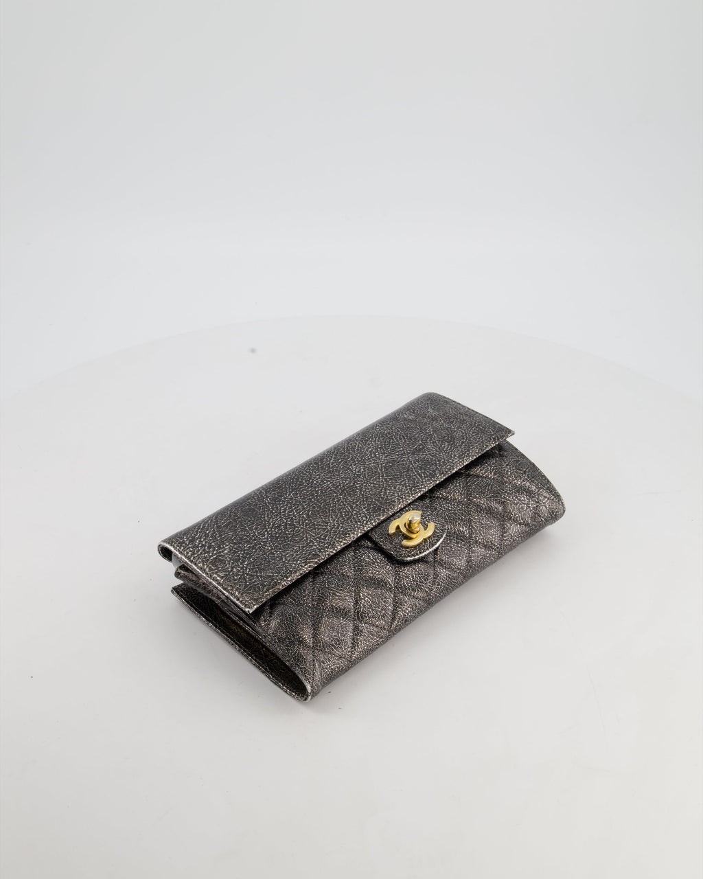 Chanel Black, Cracked Silver Metallic Wallet on Chain Bag in Calfskin Leather with Antique Gold Hardware
