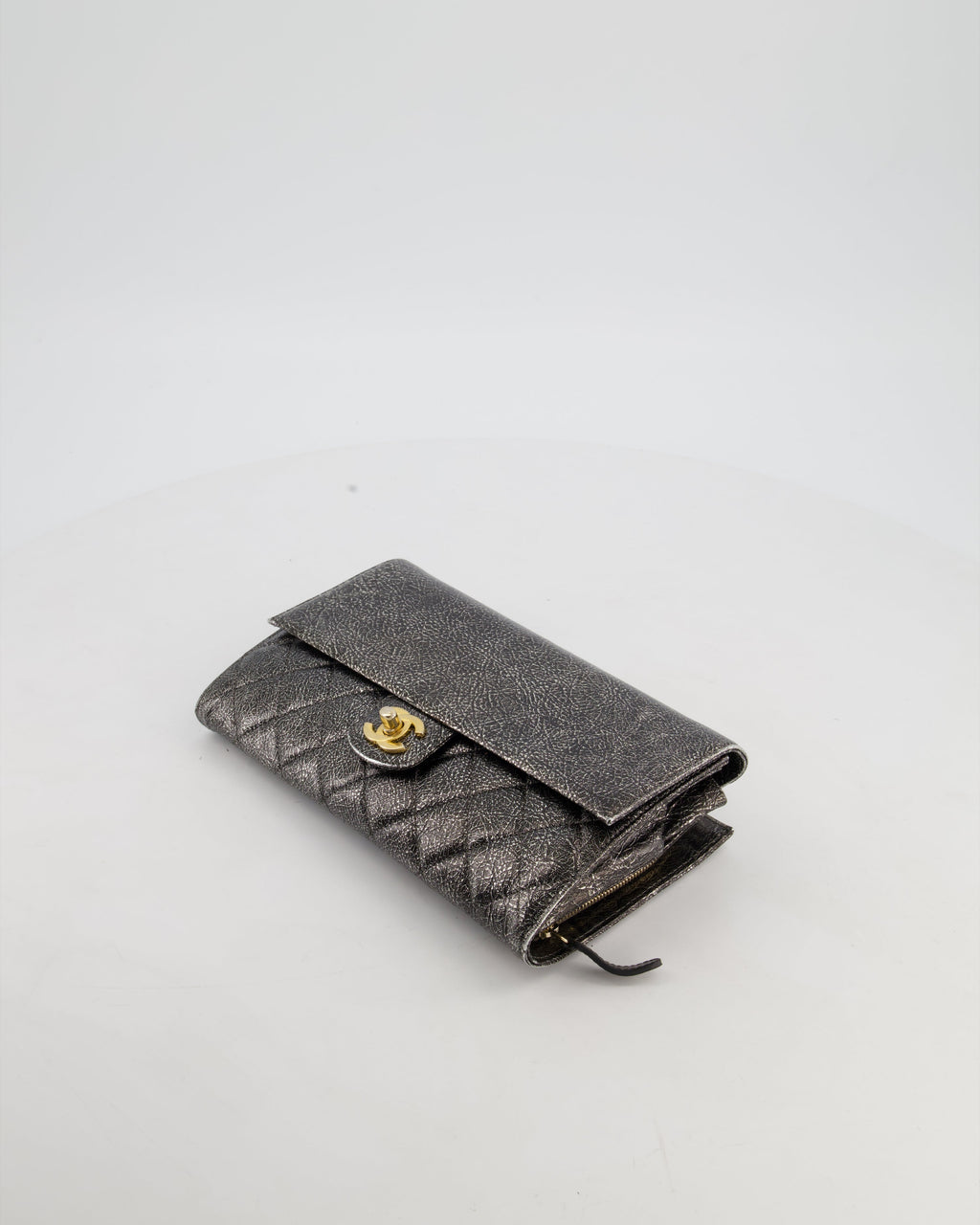 Chanel Black, Cracked Silver Metallic Wallet on Chain Bag in Calfskin Leather with Antique Gold Hardware