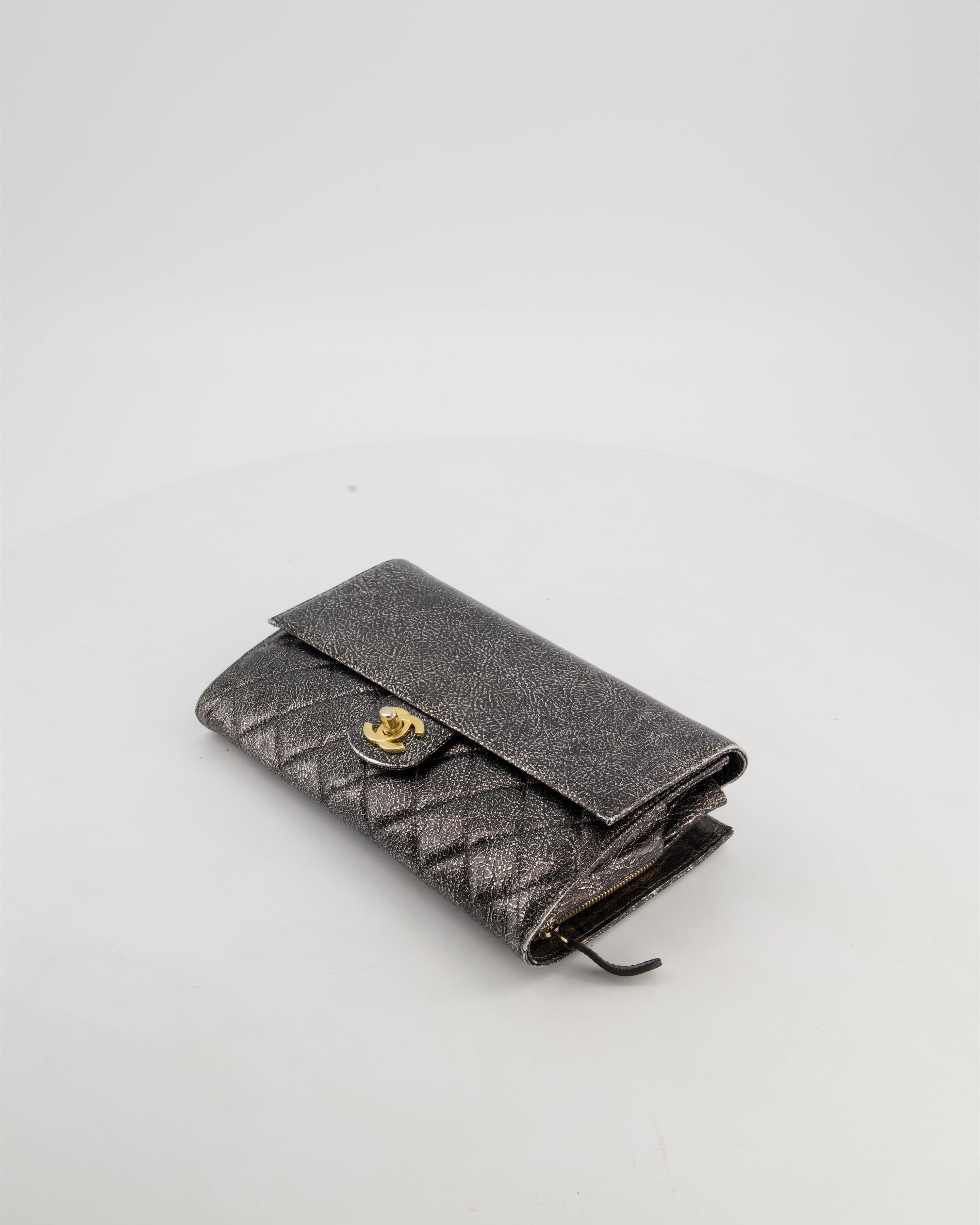 Chanel Black, Cracked Silver Metallic Wallet on Chain Bag in Calfskin Leather with Antique Gold Hardware