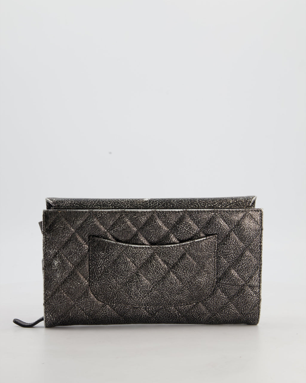 Chanel Black, Cracked Silver Metallic Wallet on Chain Bag in Calfskin Leather with Antique Gold Hardware
