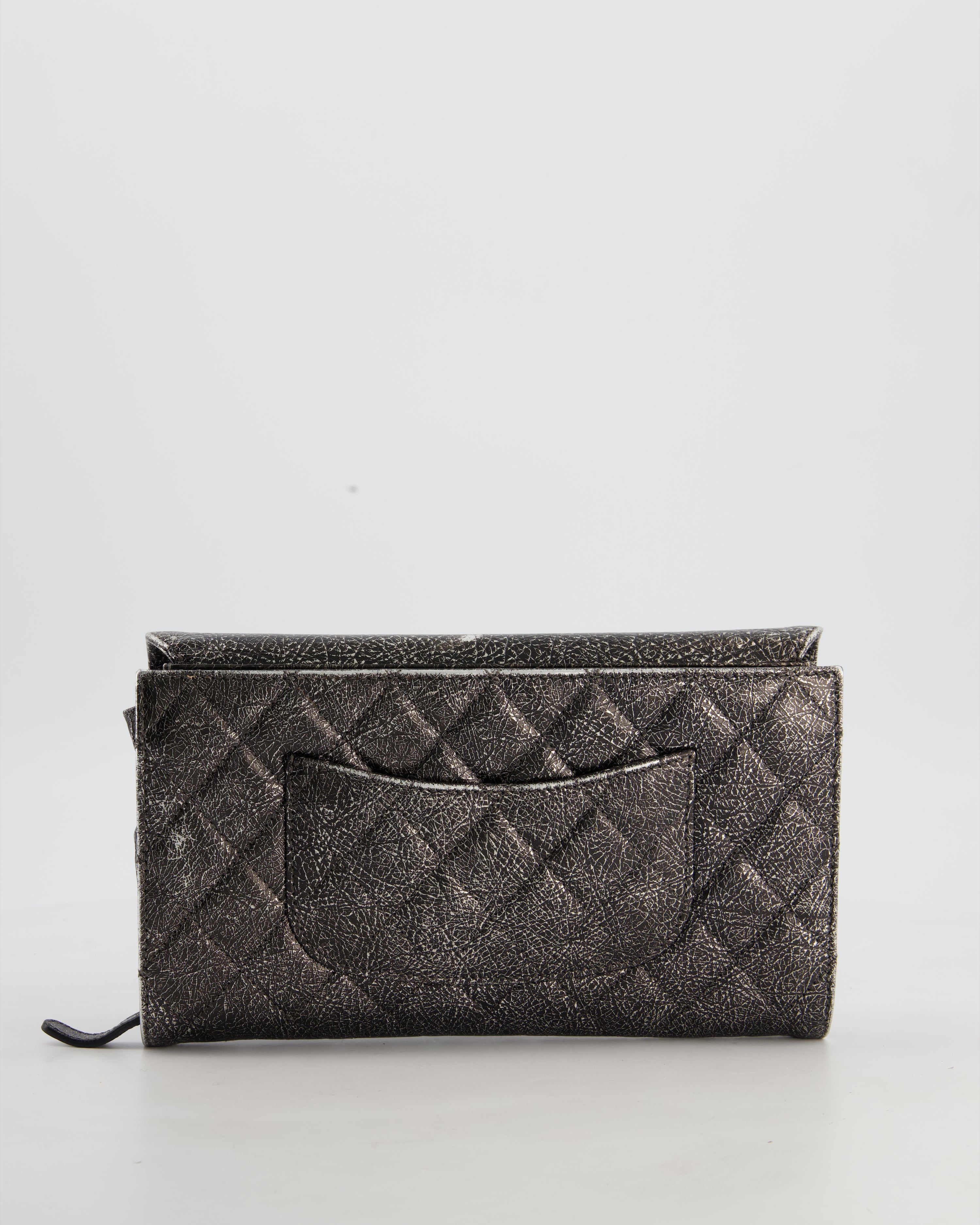 Chanel Black, Cracked Silver Metallic Wallet on Chain Bag in Calfskin Leather with Antique Gold Hardware