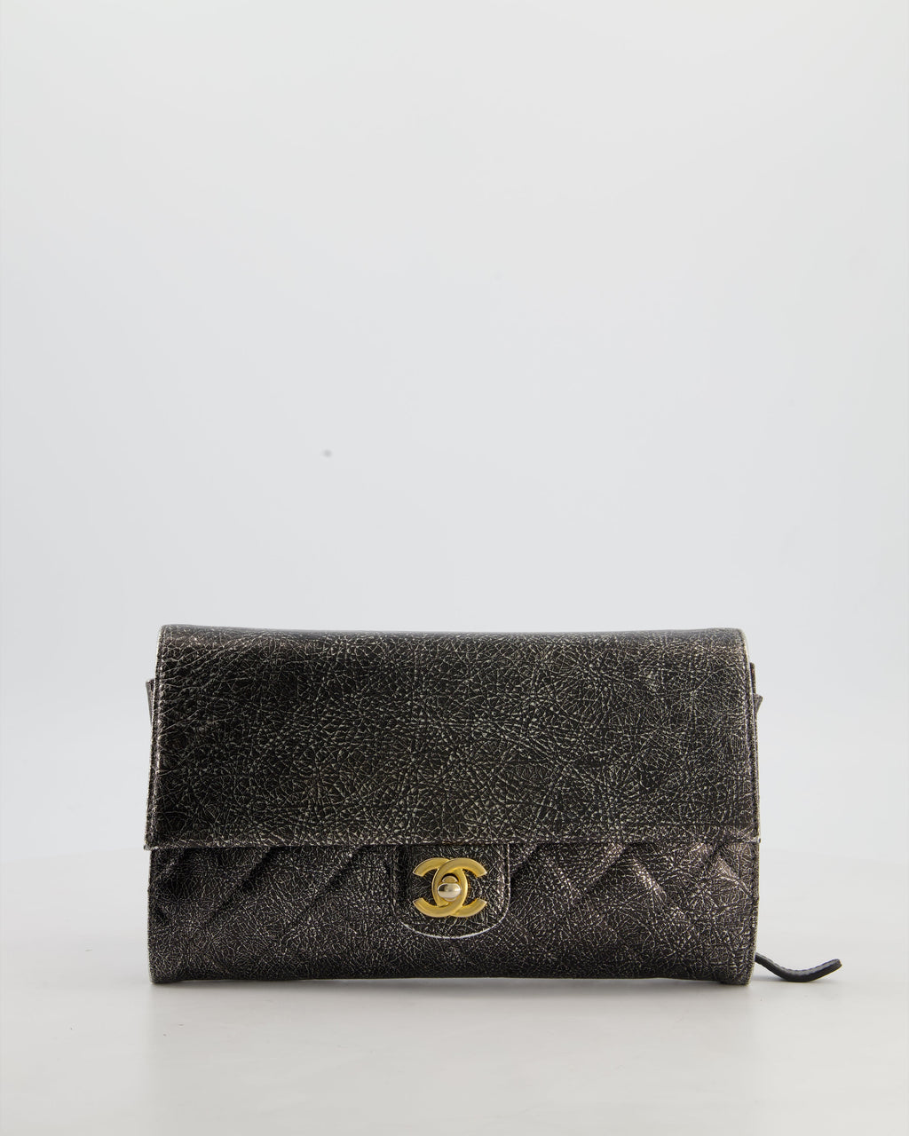 Chanel Black, Cracked Silver Metallic Wallet on Chain Bag in Calfskin Leather with Antique Gold Hardware