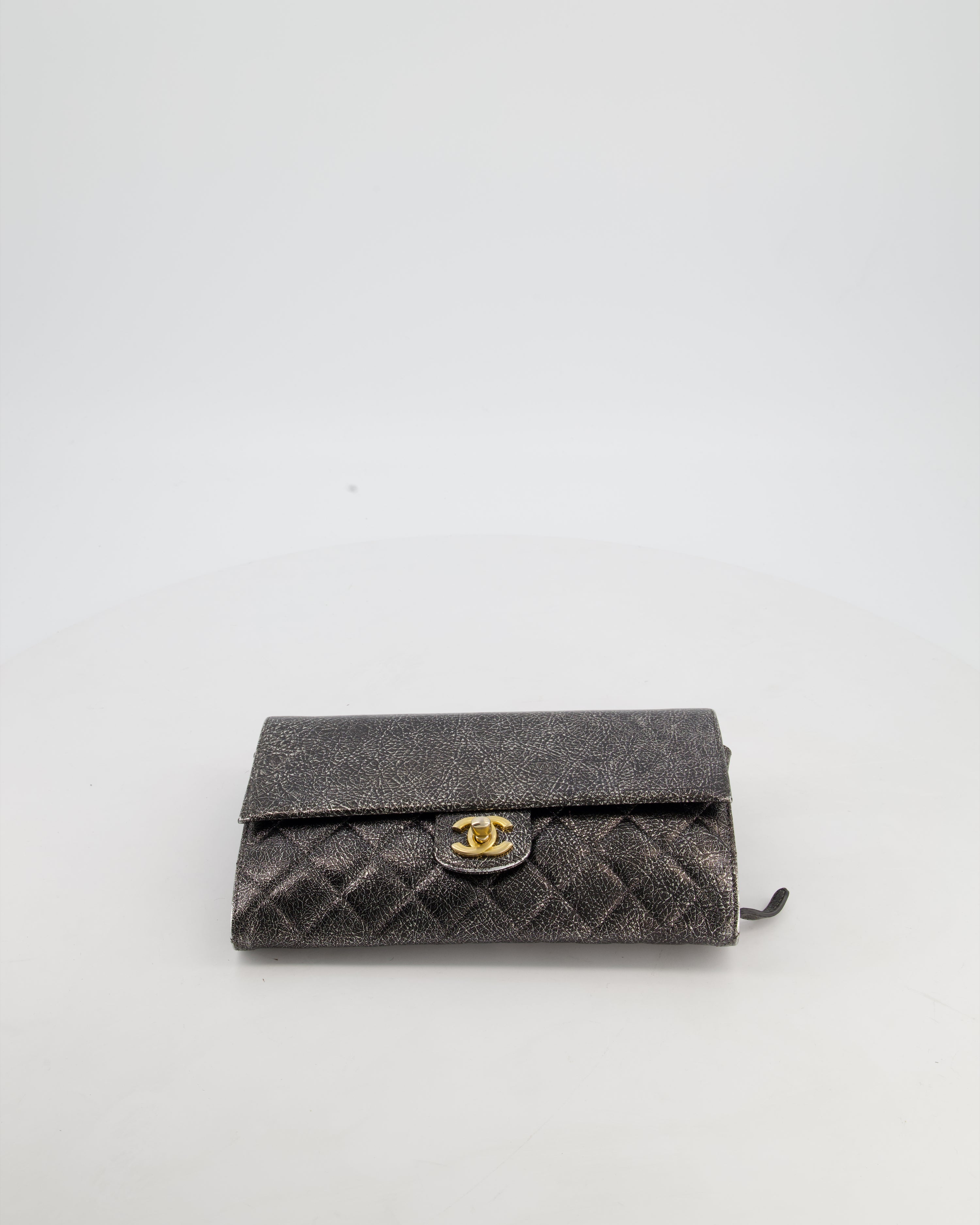Chanel Black, Cracked Silver Metallic Wallet on Chain Bag in Calfskin Leather with Antique Gold Hardware