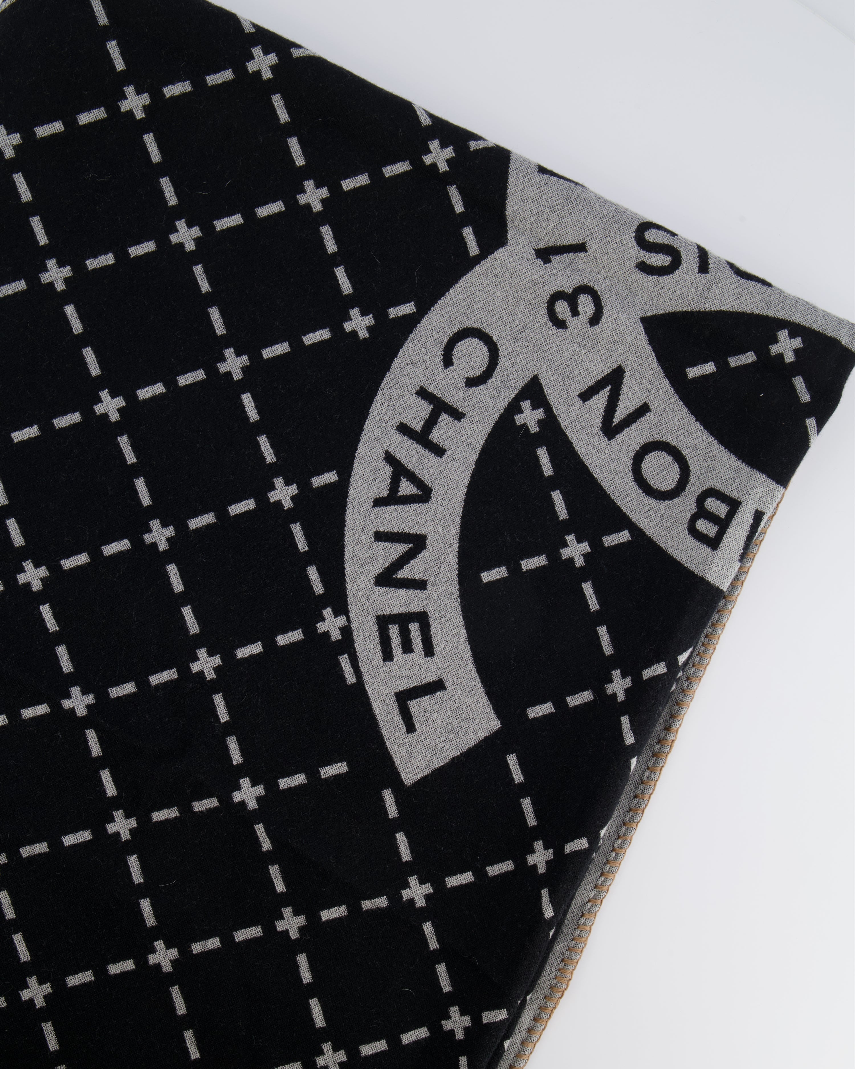 Chanel Grey and Black Wool Blanket, with Pouch and Eye Mask Set with CC Logo Prints