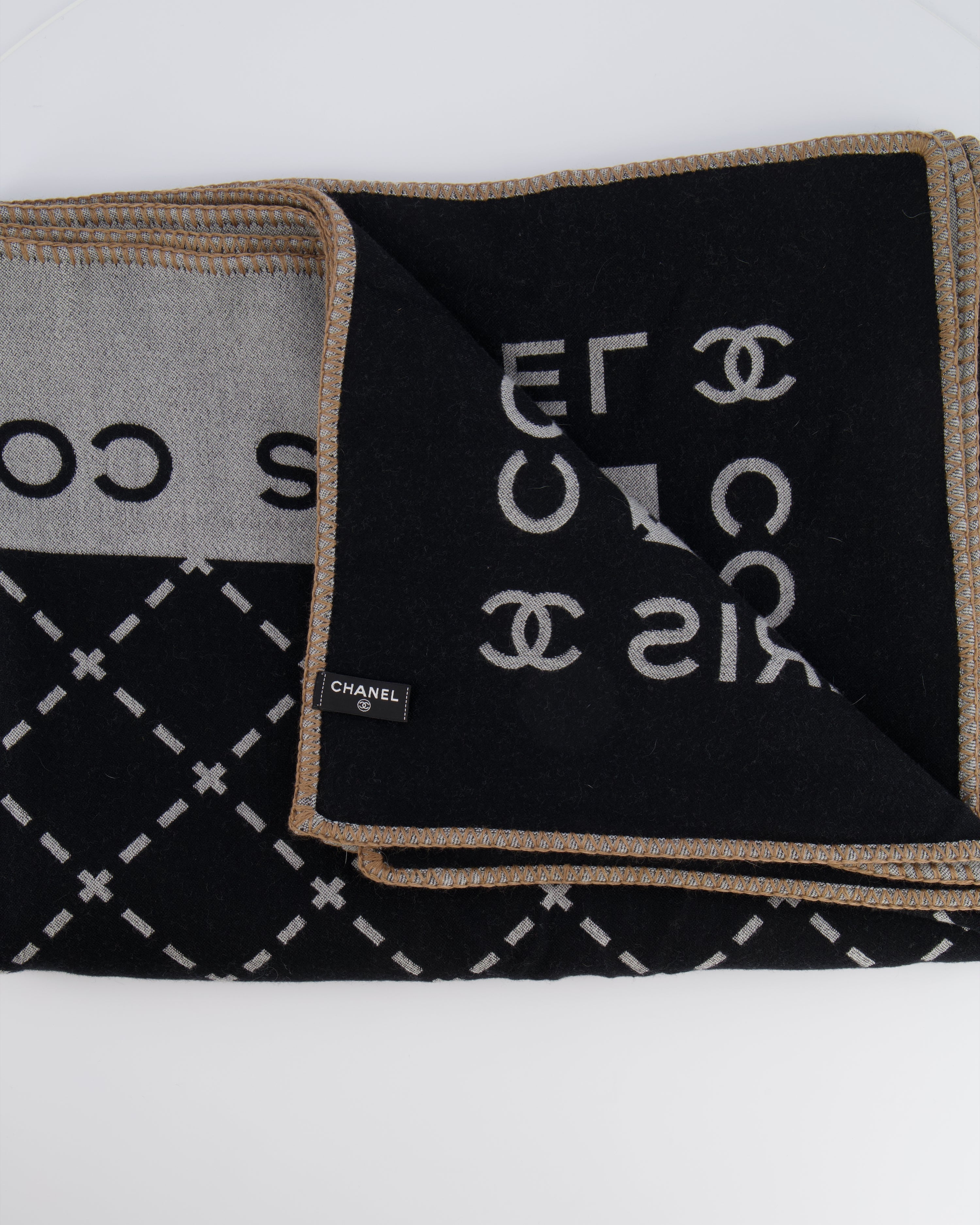 Chanel Grey and Black Wool Blanket, with Pouch and Eye Mask Set with CC Logo Prints