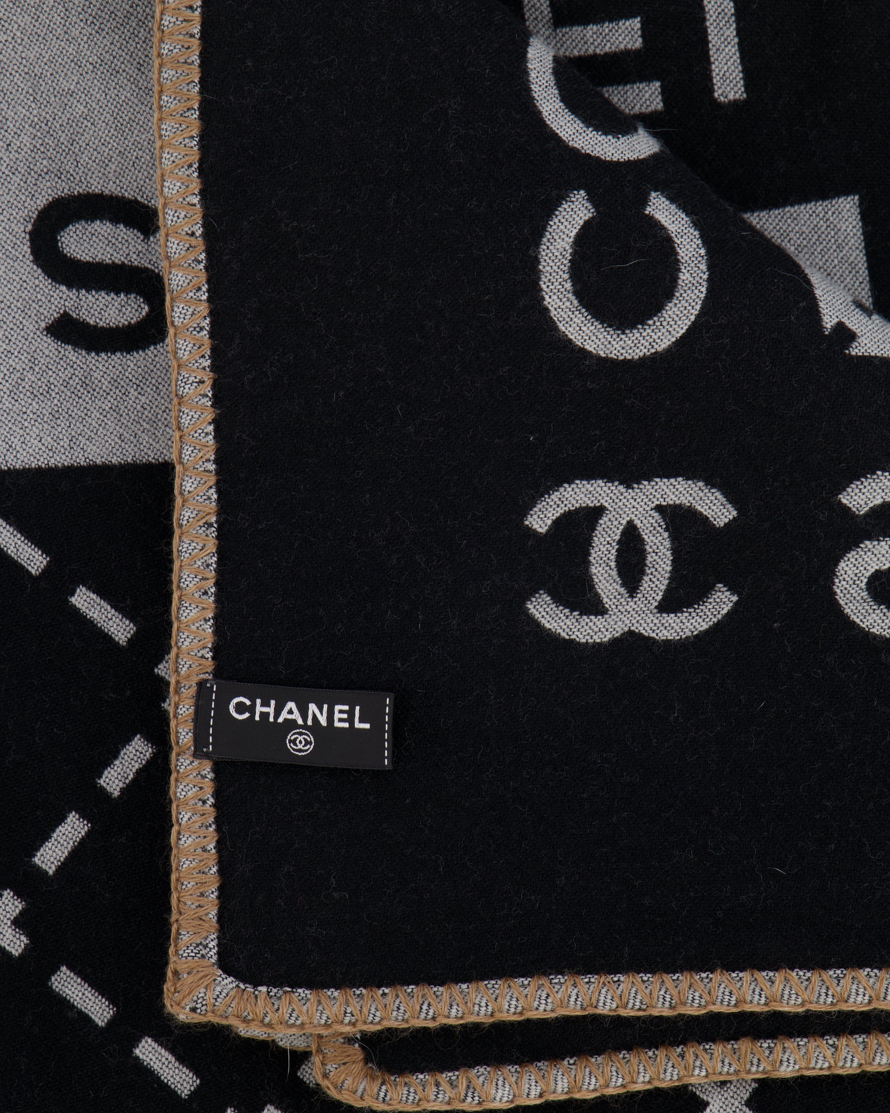 Chanel Grey and Black Wool Blanket, with Pouch and Eye Mask Set with CC Logo Prints