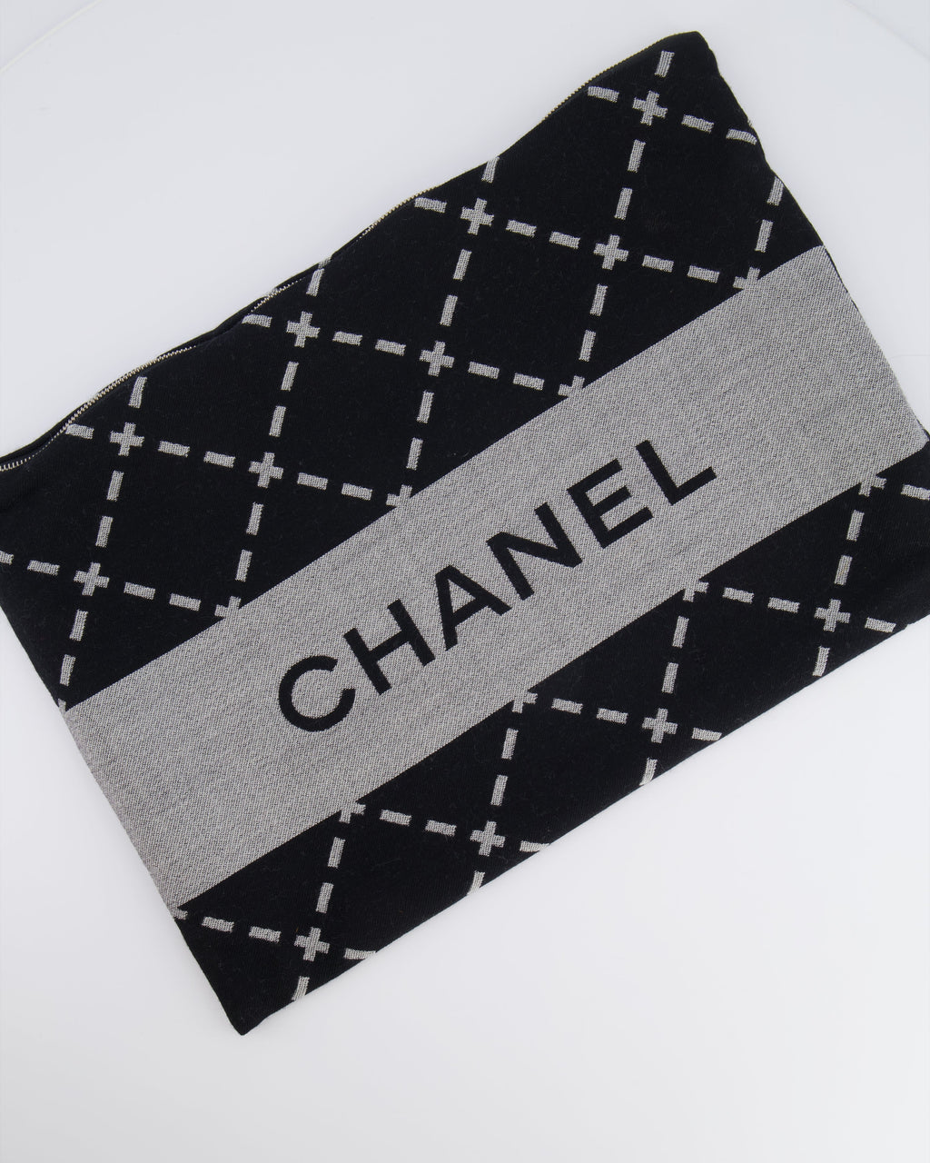 Chanel Grey and Black Wool Blanket, with Pouch and Eye Mask Set with CC Logo Prints