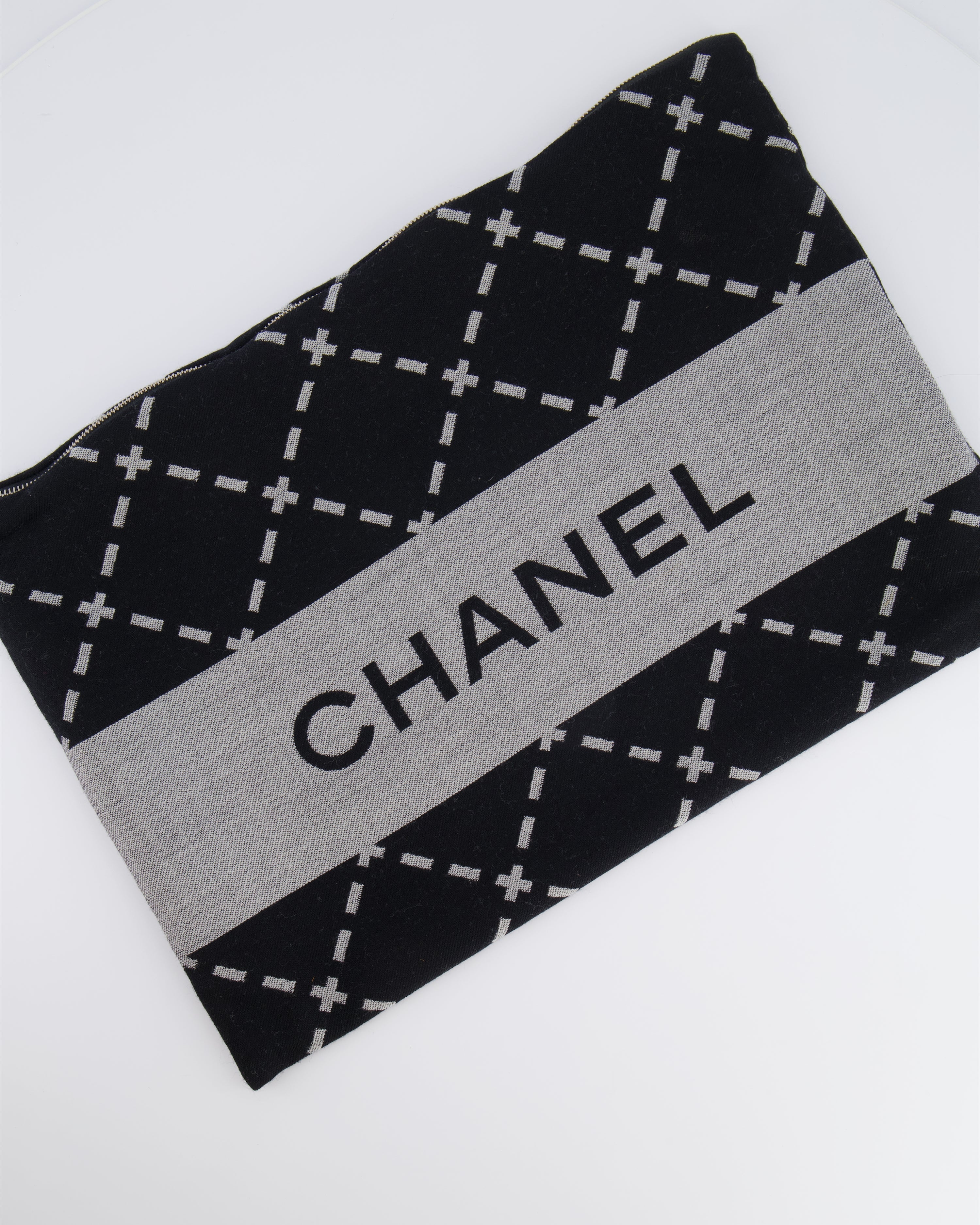 Chanel Grey and Black Wool Blanket, with Pouch and Eye Mask Set with CC Logo Prints