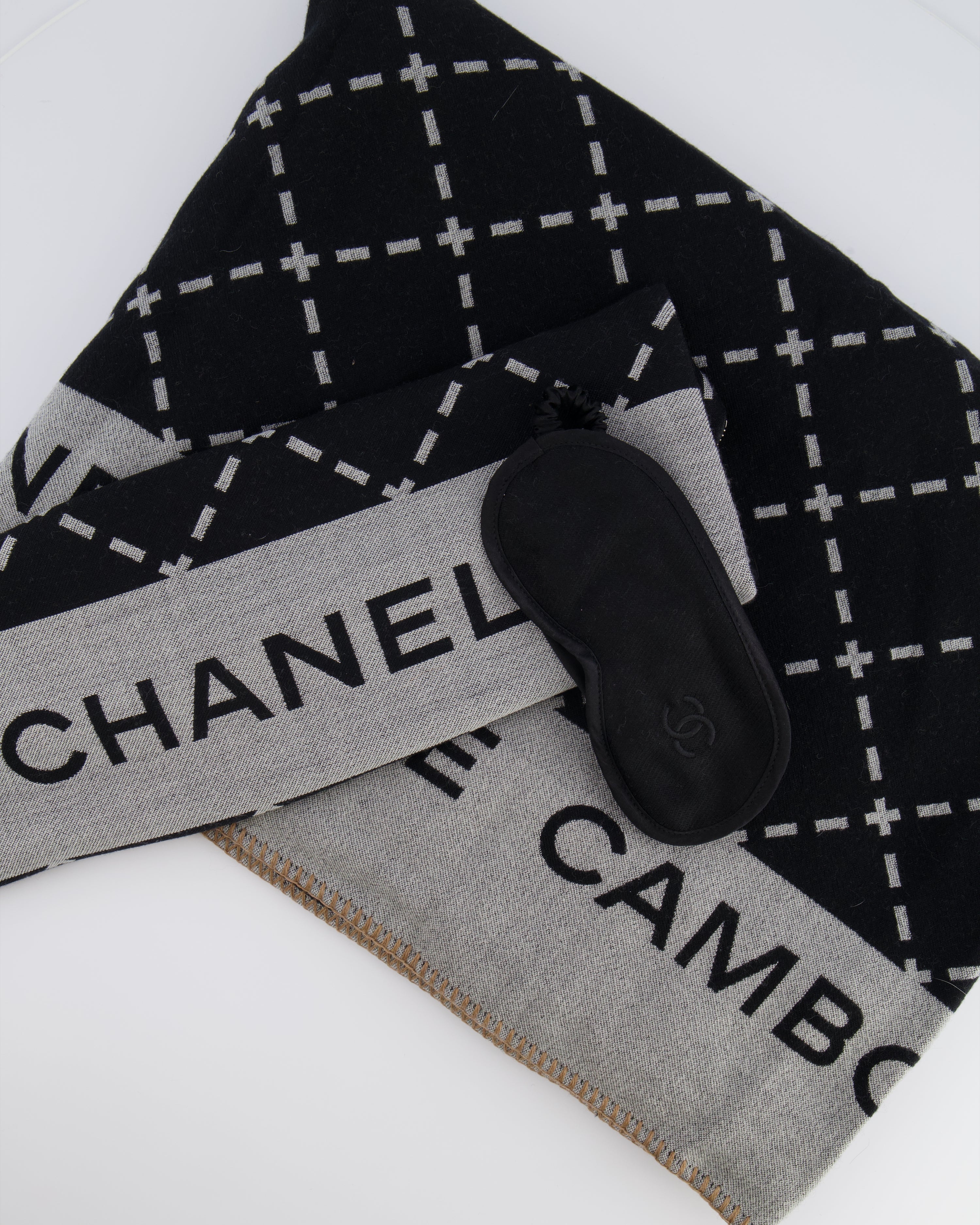 Chanel Grey and Black Wool Blanket, with Pouch and Eye Mask Set with CC Logo Prints