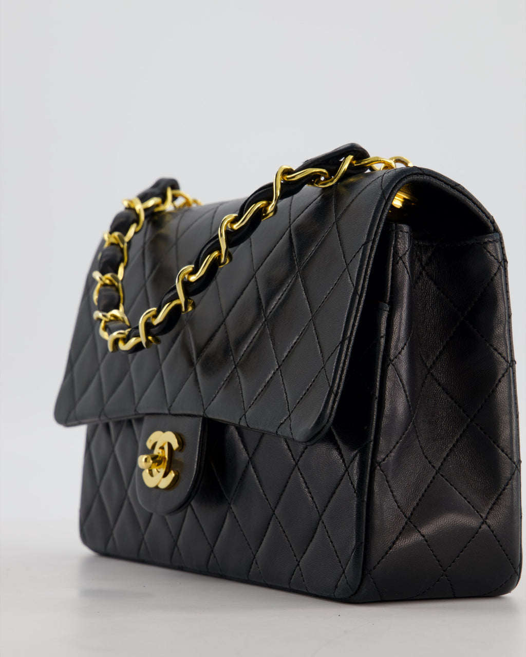 *RARE* Chanel Black Vintage Medium Single Flap Bag in Lambskin Leather with 24K Gold Chain Top Handle
