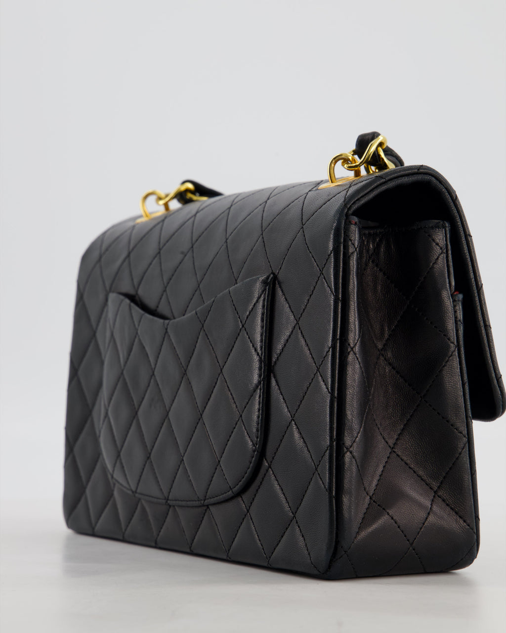 *RARE* Chanel Black Vintage Medium Single Flap Bag in Lambskin Leather with 24K Gold Chain Top Handle
