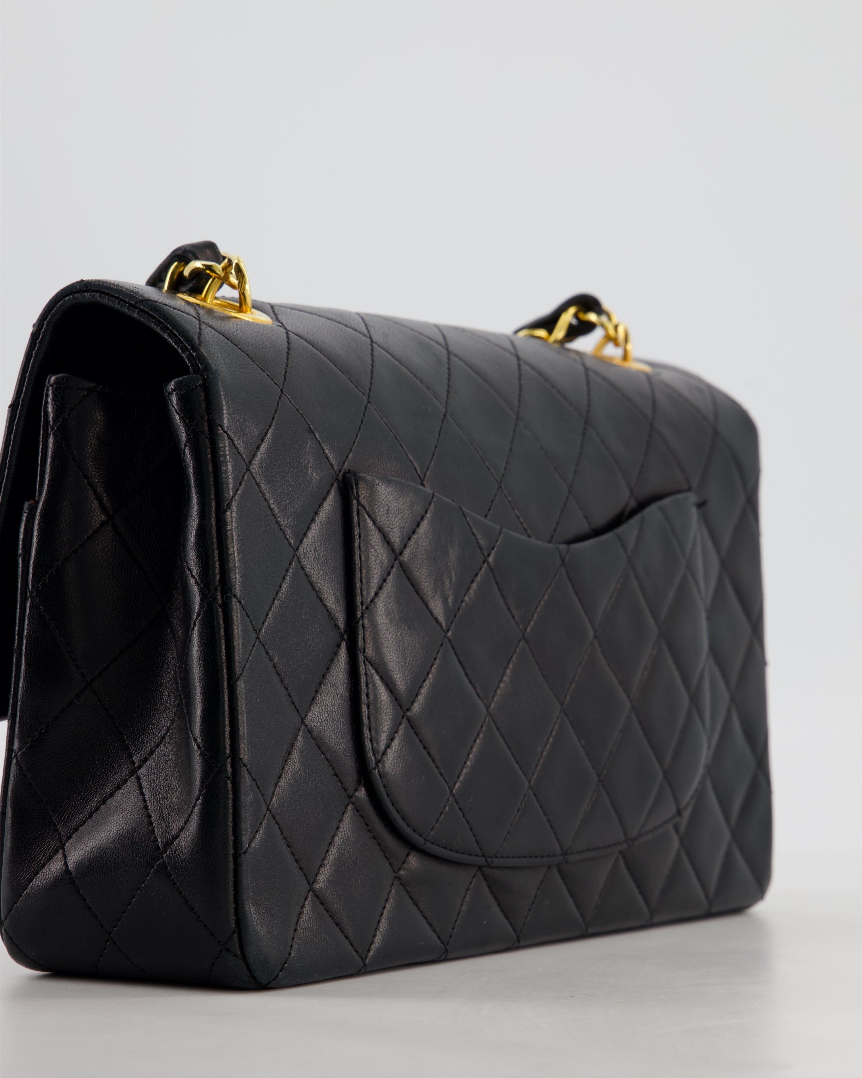 *RARE* Chanel Black Vintage Medium Single Flap Bag in Lambskin Leather with 24K Gold Chain Top Handle