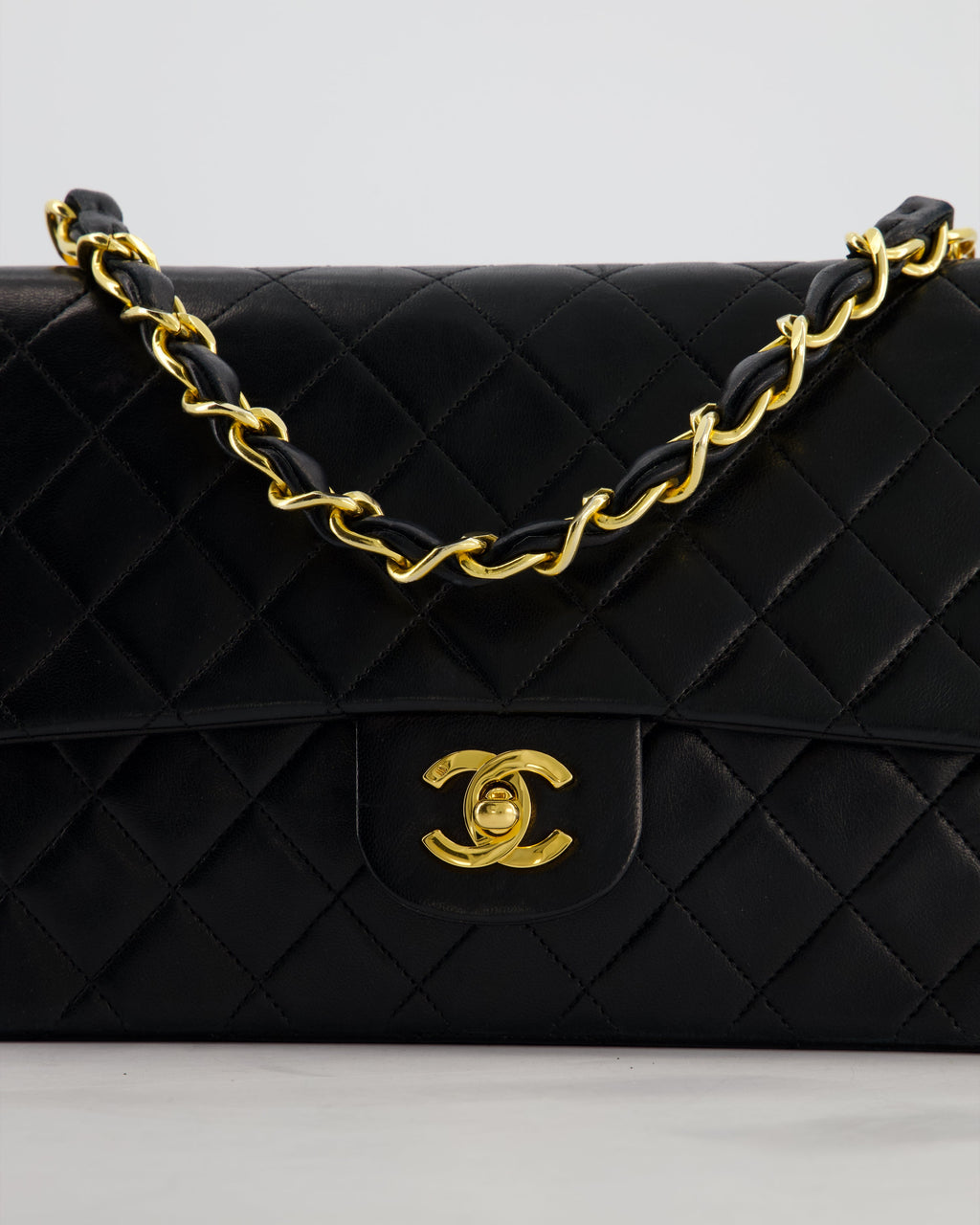 *RARE* Chanel Black Vintage Medium Single Flap Bag in Lambskin Leather with 24K Gold Chain Top Handle