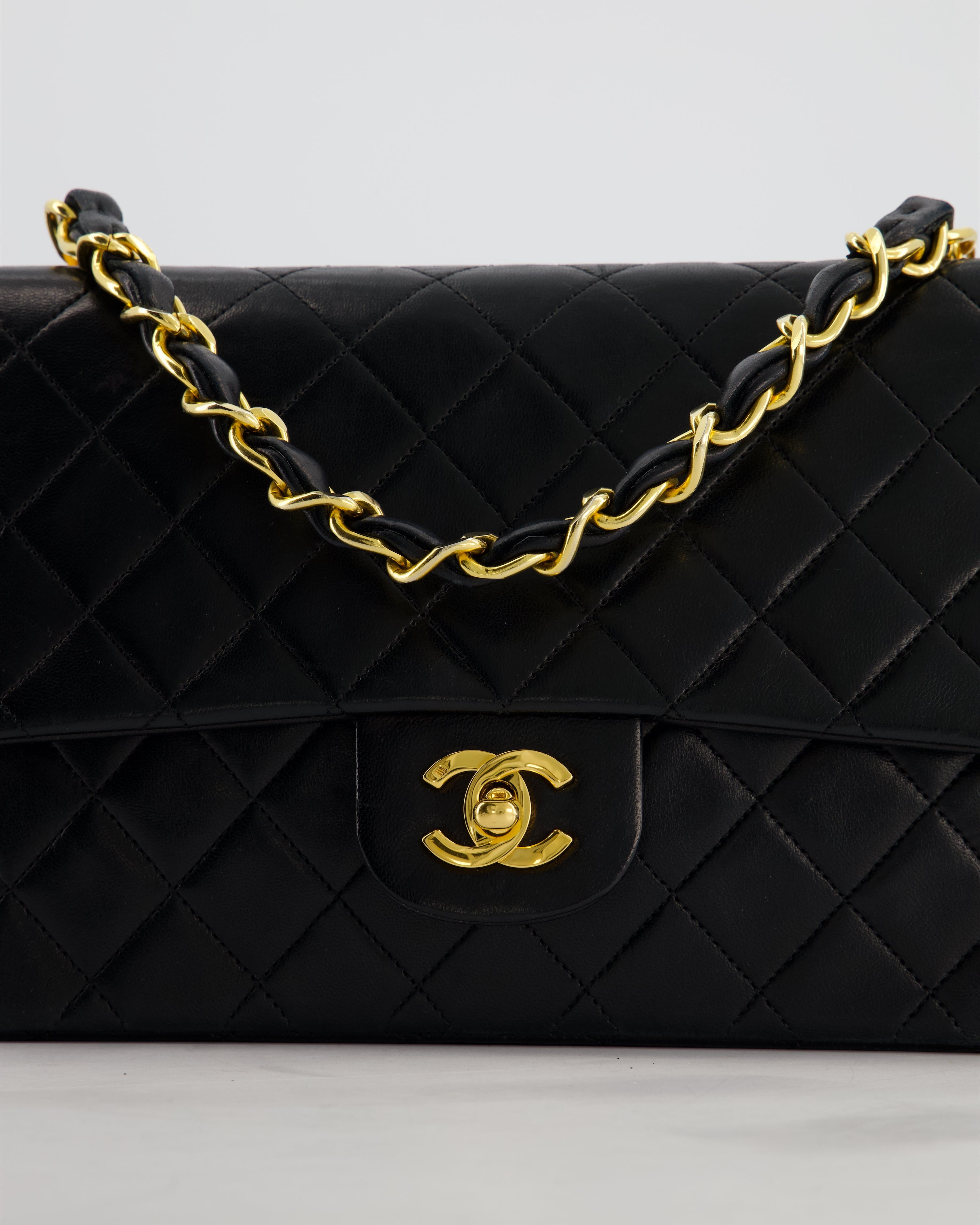 *RARE* Chanel Black Vintage Medium Single Flap Bag in Lambskin Leather with 24K Gold Chain Top Handle