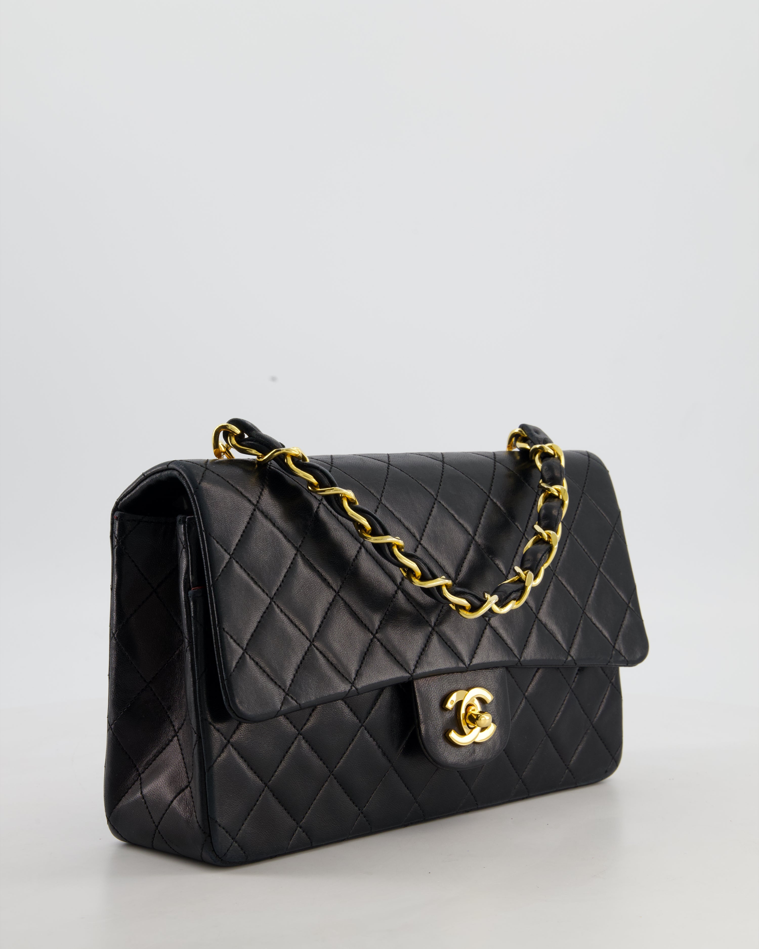 *RARE* Chanel Black Vintage Medium Single Flap Bag in Lambskin Leather with 24K Gold Chain Top Handle