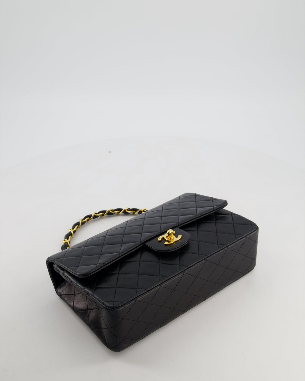 *RARE* Chanel Black Vintage Medium Single Flap Bag in Lambskin Leather with 24K Gold Chain Top Handle