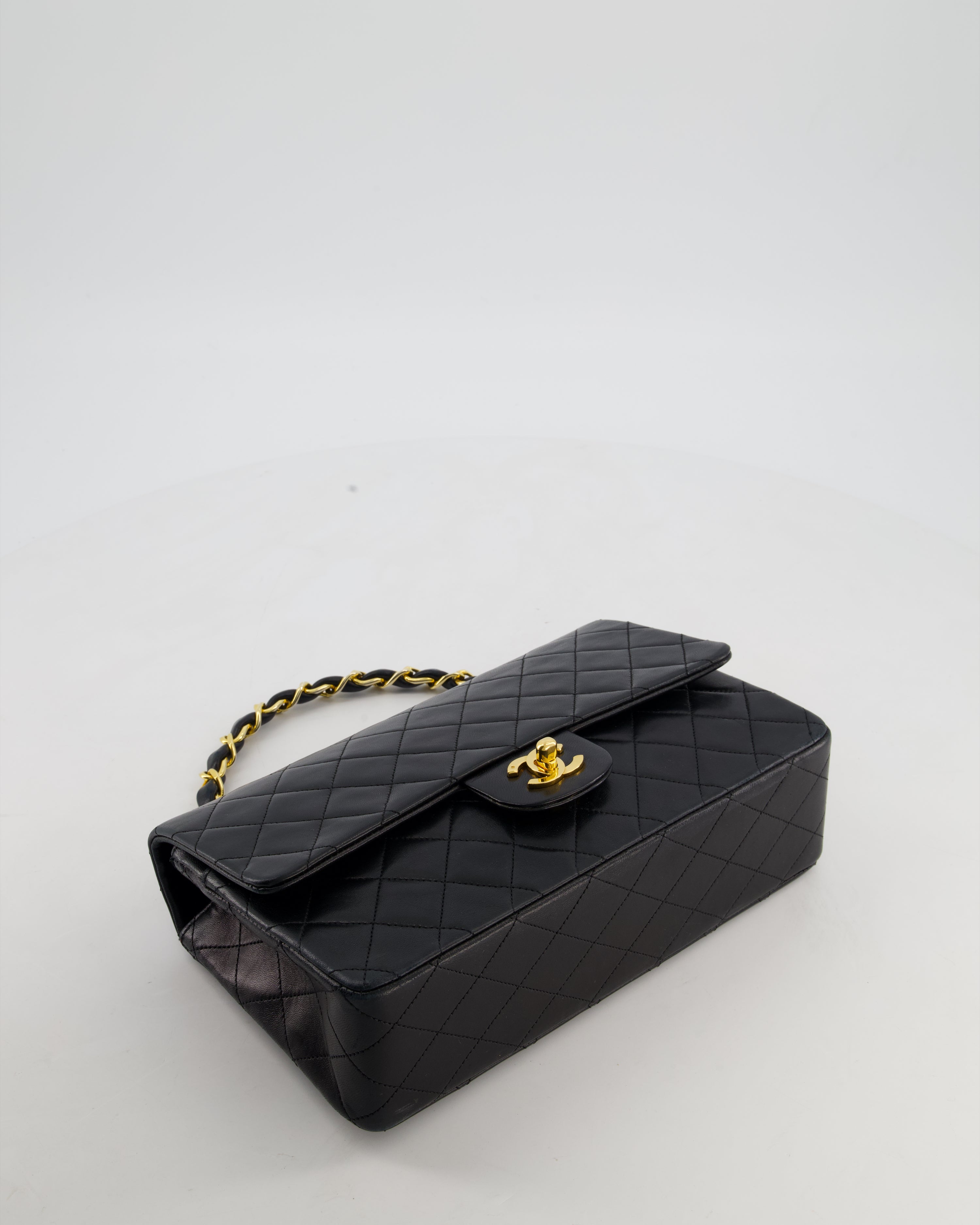 *RARE* Chanel Black Vintage Medium Single Flap Bag in Lambskin Leather with 24K Gold Chain Top Handle