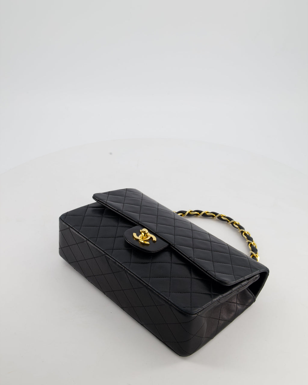 *RARE* Chanel Black Vintage Medium Single Flap Bag in Lambskin Leather with 24K Gold Chain Top Handle