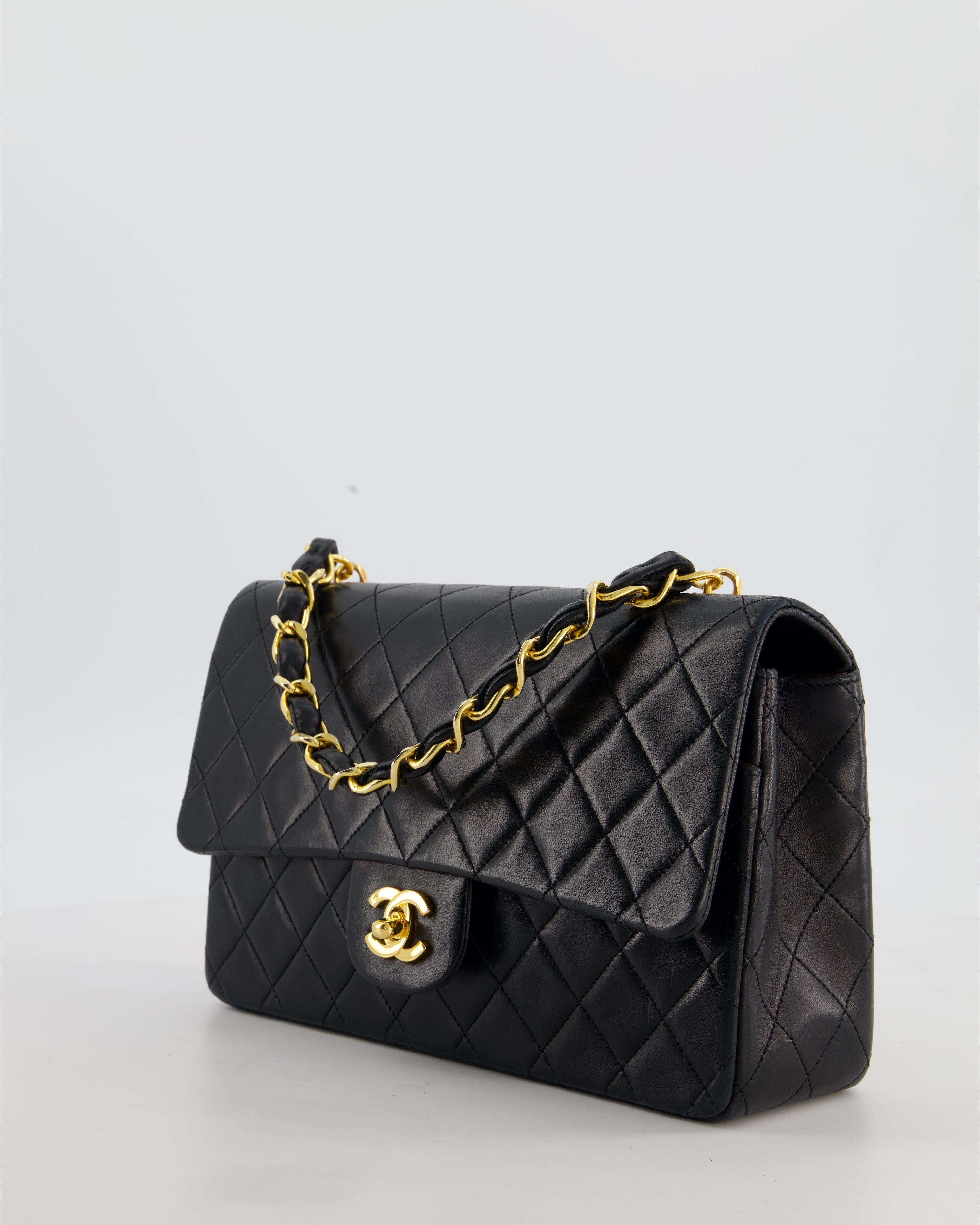 *RARE* Chanel Black Vintage Medium Single Flap Bag in Lambskin Leather with 24K Gold Chain Top Handle
