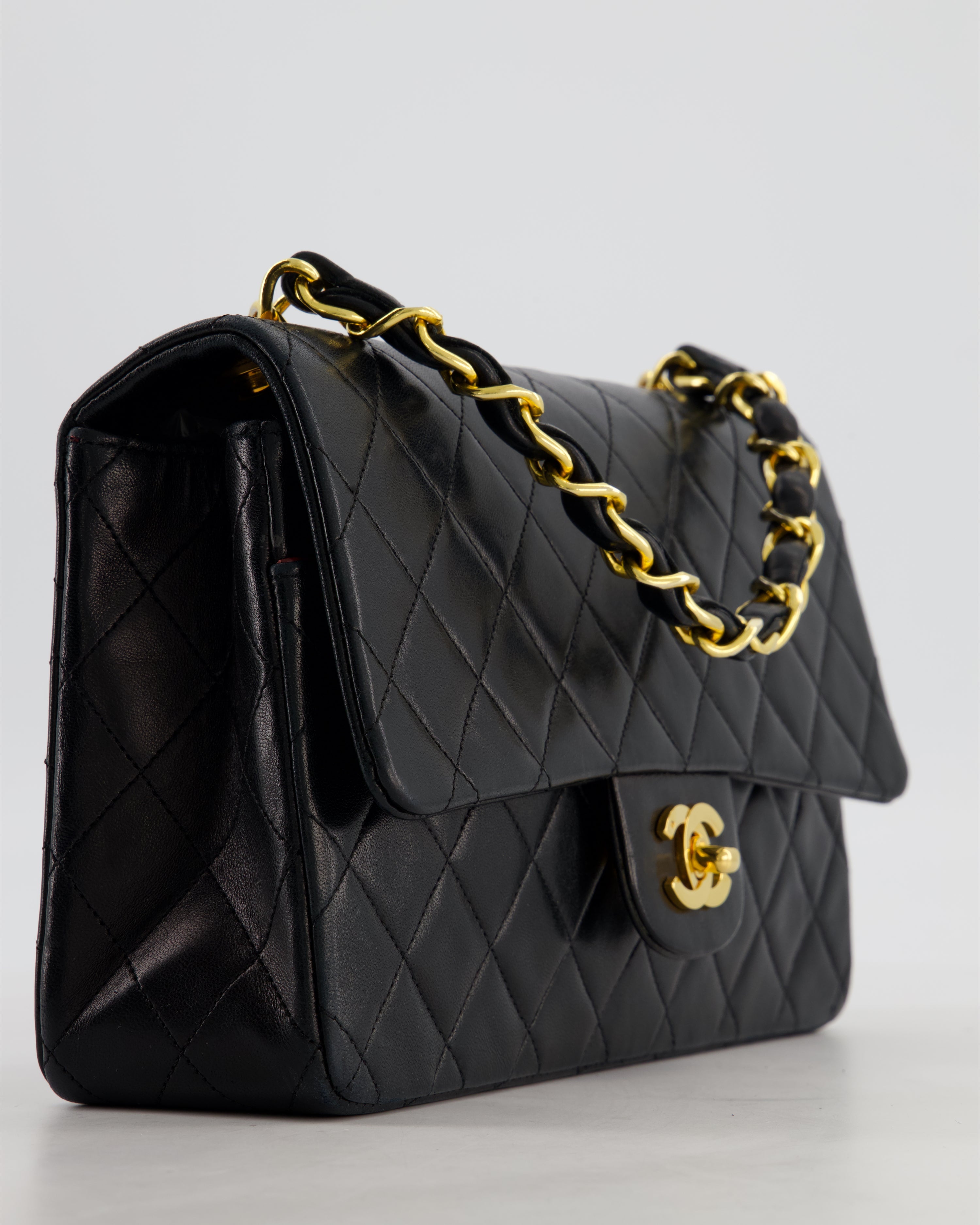 *RARE* Chanel Black Vintage Medium Single Flap Bag in Lambskin Leather with 24K Gold Chain Top Handle