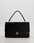 *RARE* Chanel Black Vintage Medium Single Flap Bag in Lambskin Leather with 24K Gold Chain Top Handle