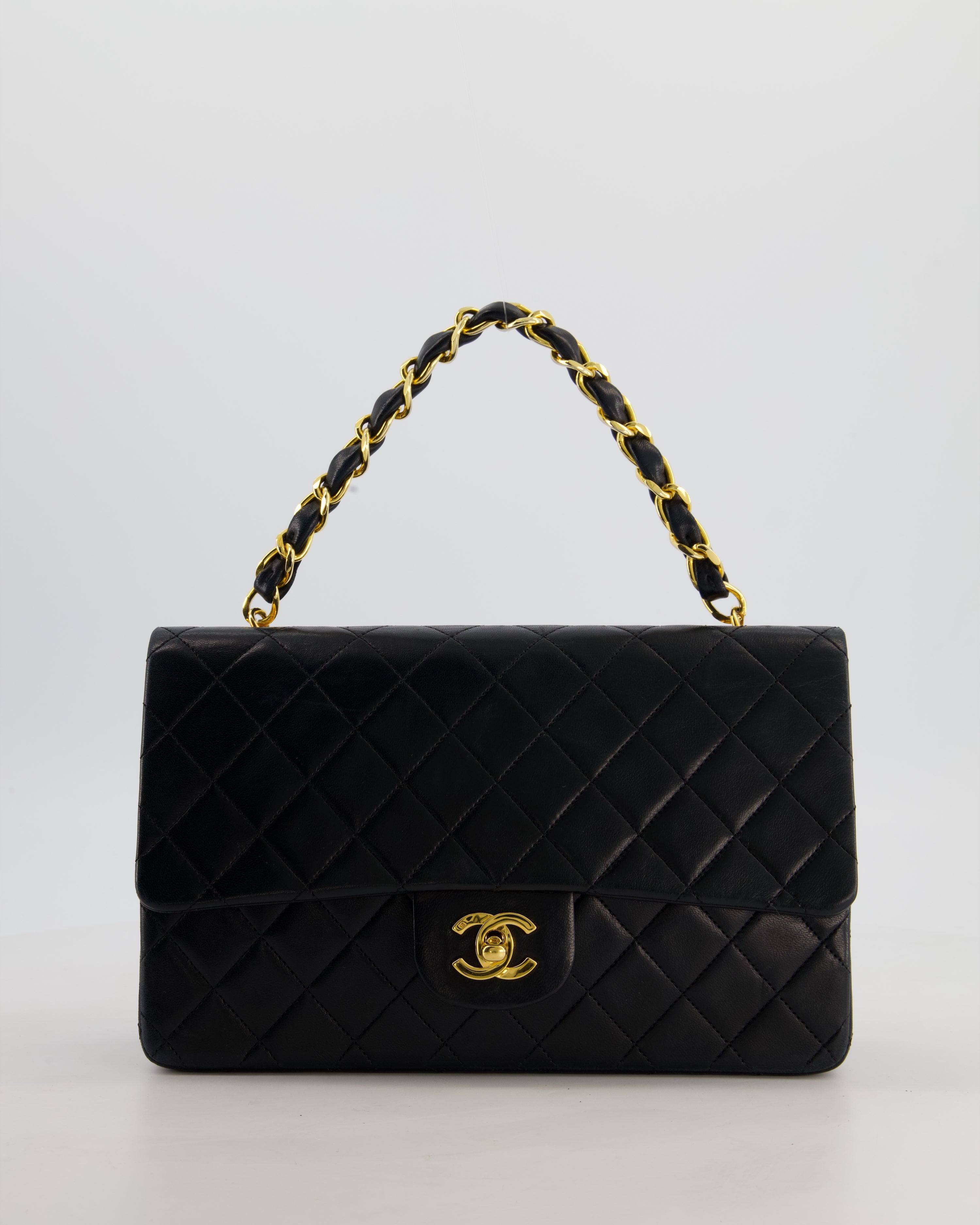 *RARE* Chanel Black Vintage Medium Single Flap Bag in Lambskin Leather with 24K Gold Chain Top Handle