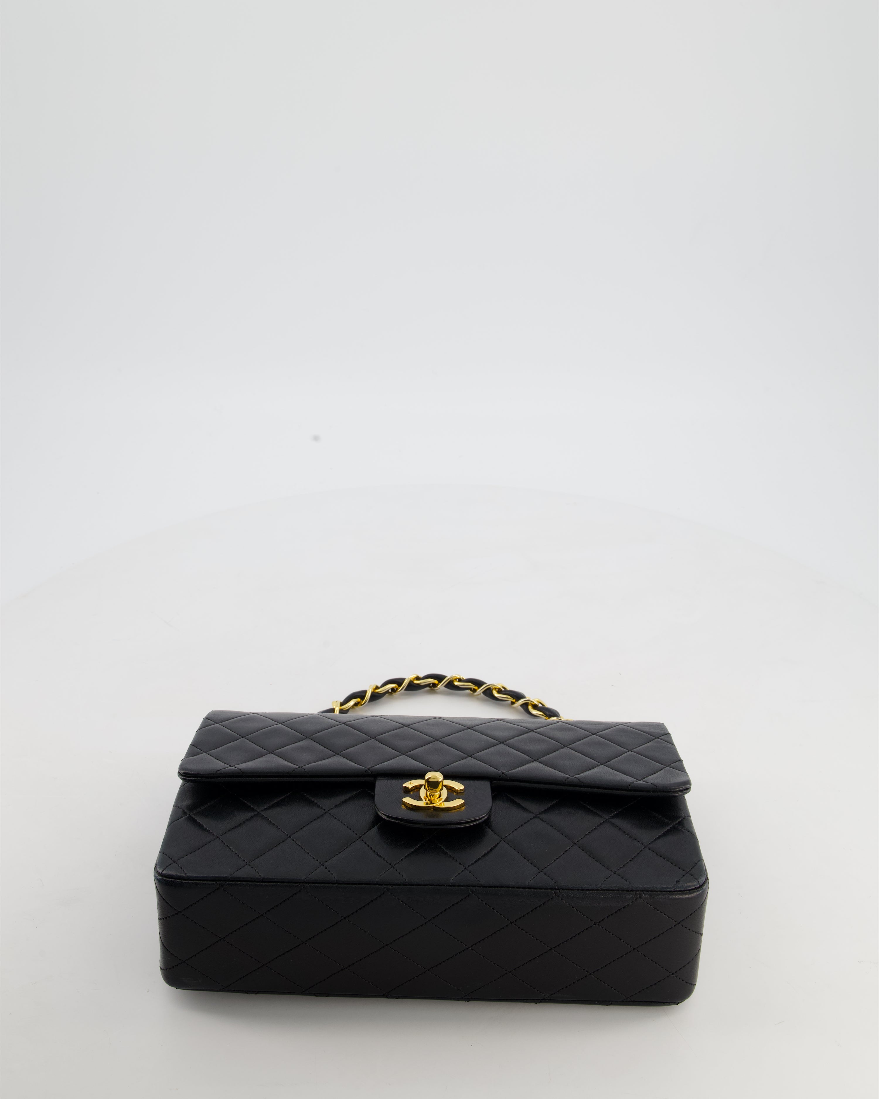 *RARE* Chanel Black Vintage Medium Single Flap Bag in Lambskin Leather with 24K Gold Chain Top Handle