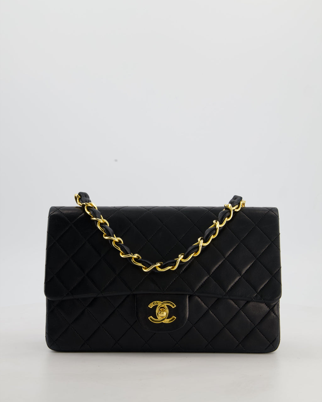 *RARE* Chanel Black Vintage Medium Single Flap Bag in Lambskin Leather with 24K Gold Chain Top Handle