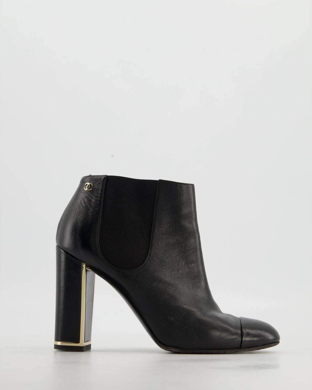 Chanel Black Leather Ankle Boots with CC Logo and Gold Heel Detail Size EU 38.5