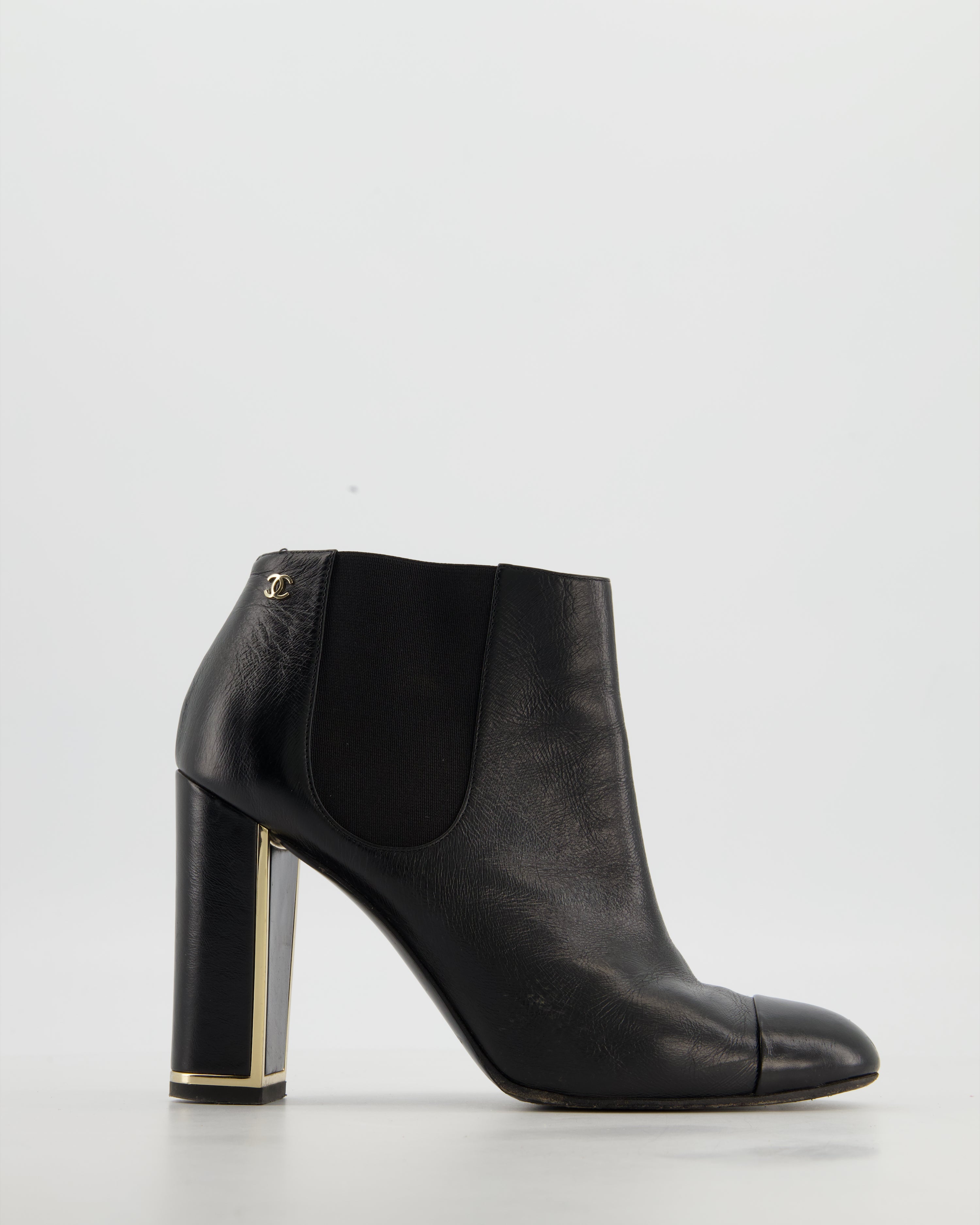 Chanel Black Leather Ankle Boots with CC Logo and Gold Heel Detail Size EU 38.5