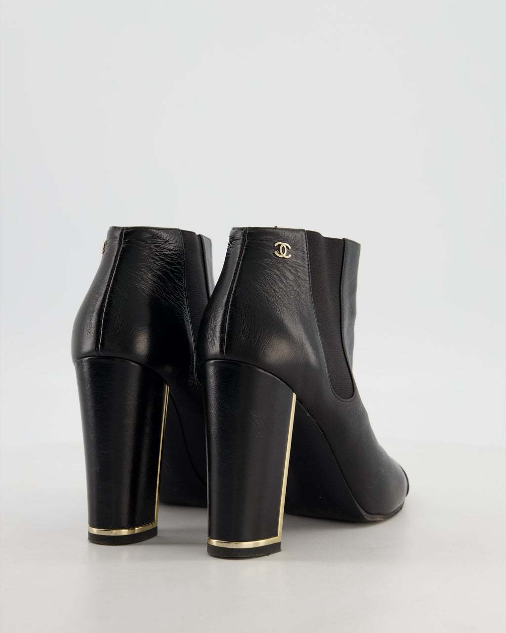 Chanel Black Leather Ankle Boots with CC Logo and Gold Heel Detail Size EU 38.5
