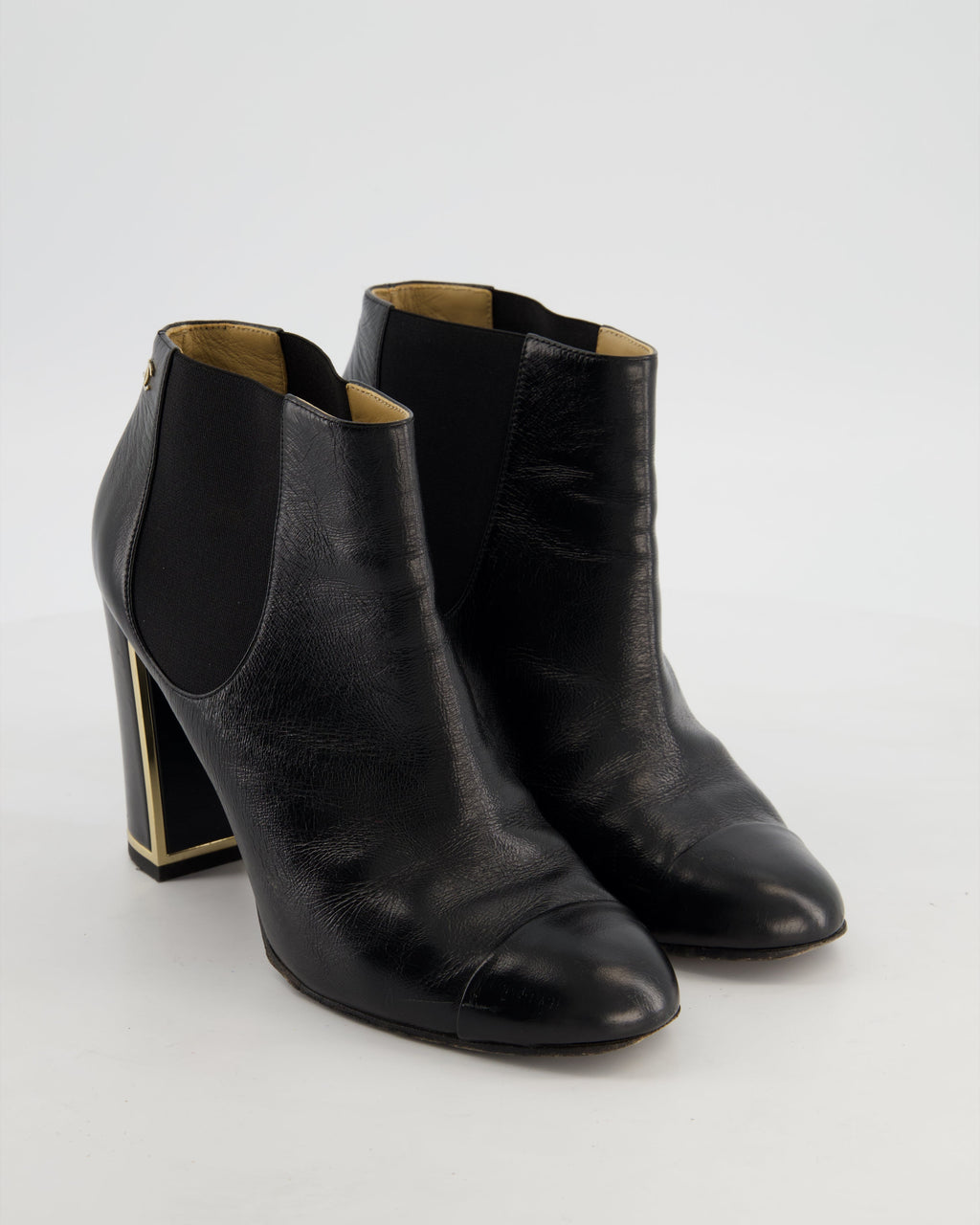 Chanel Black Leather Ankle Boots with CC Logo and Gold Heel Detail Size EU 38.5