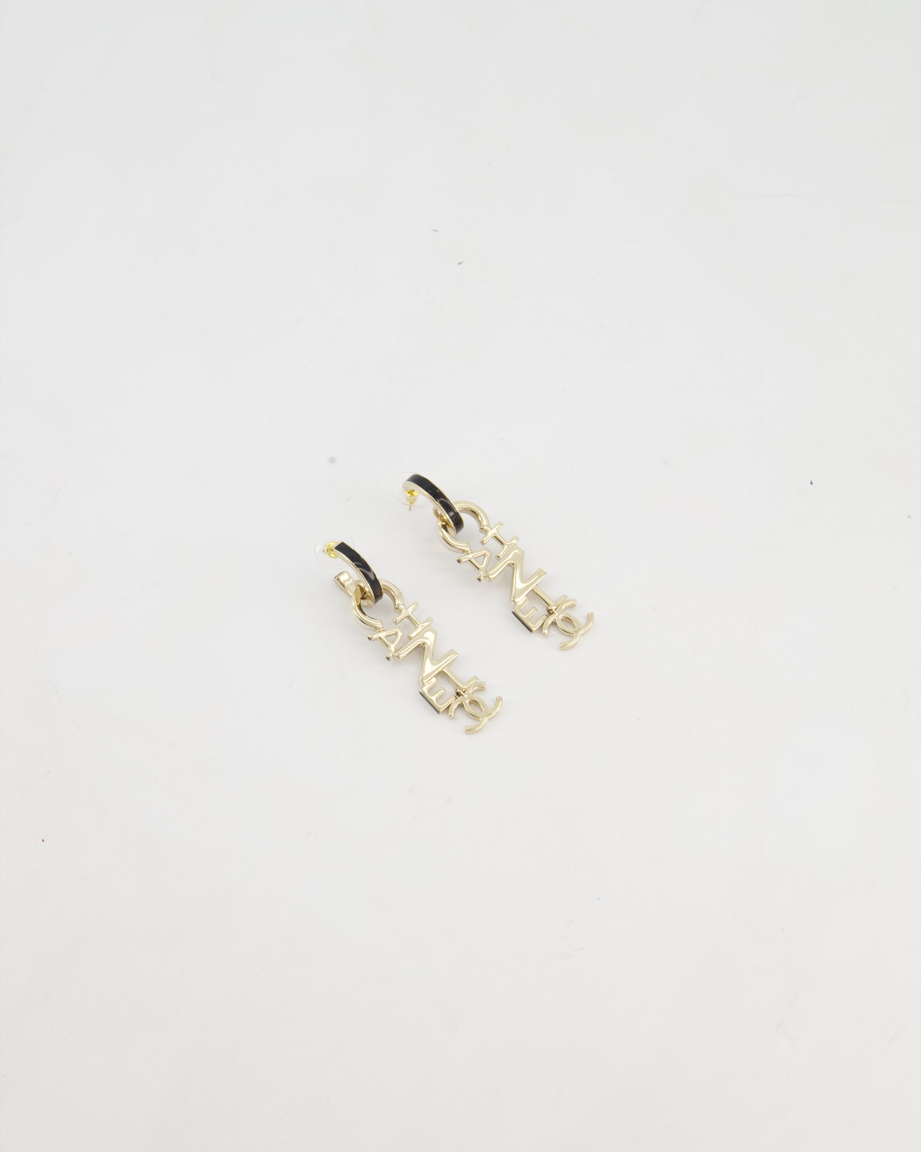 *HOT* Chanel 22K Large Champagne Gold Pendant Earrings with Logo Detail