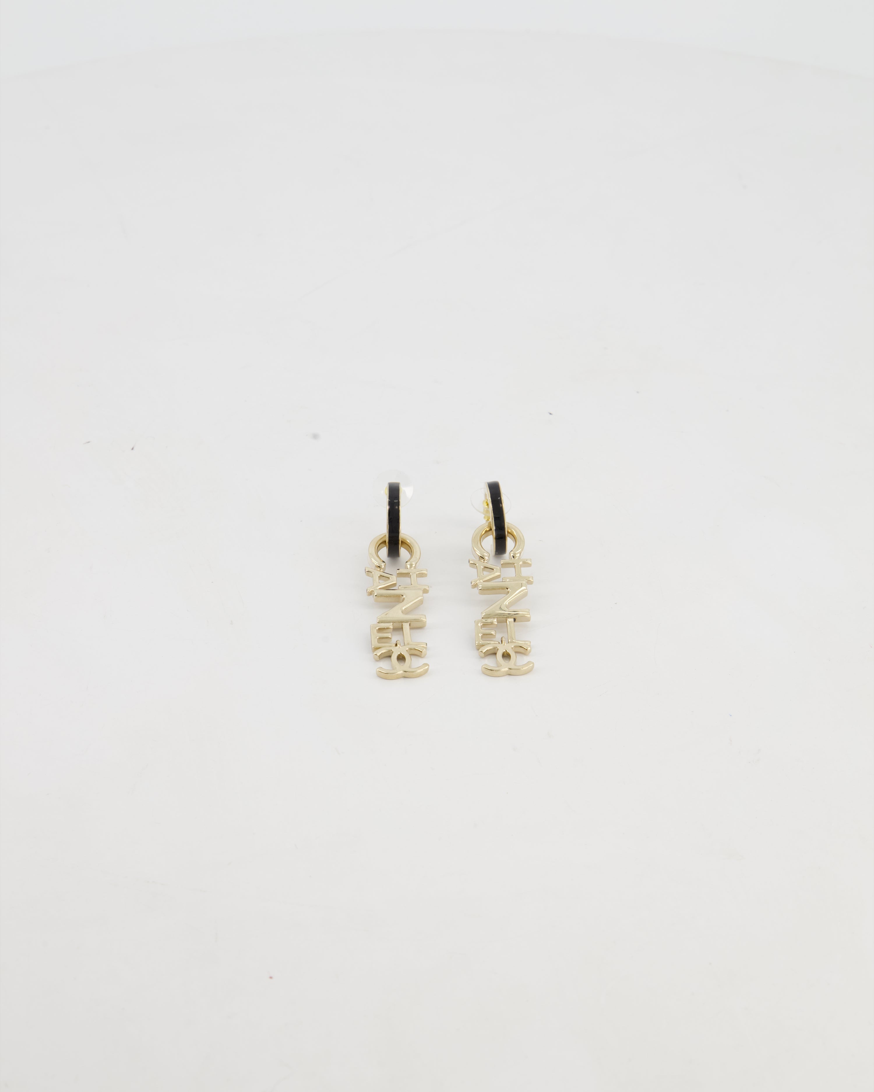 *HOT* Chanel 22K Large Champagne Gold Pendant Earrings with Logo Detail
