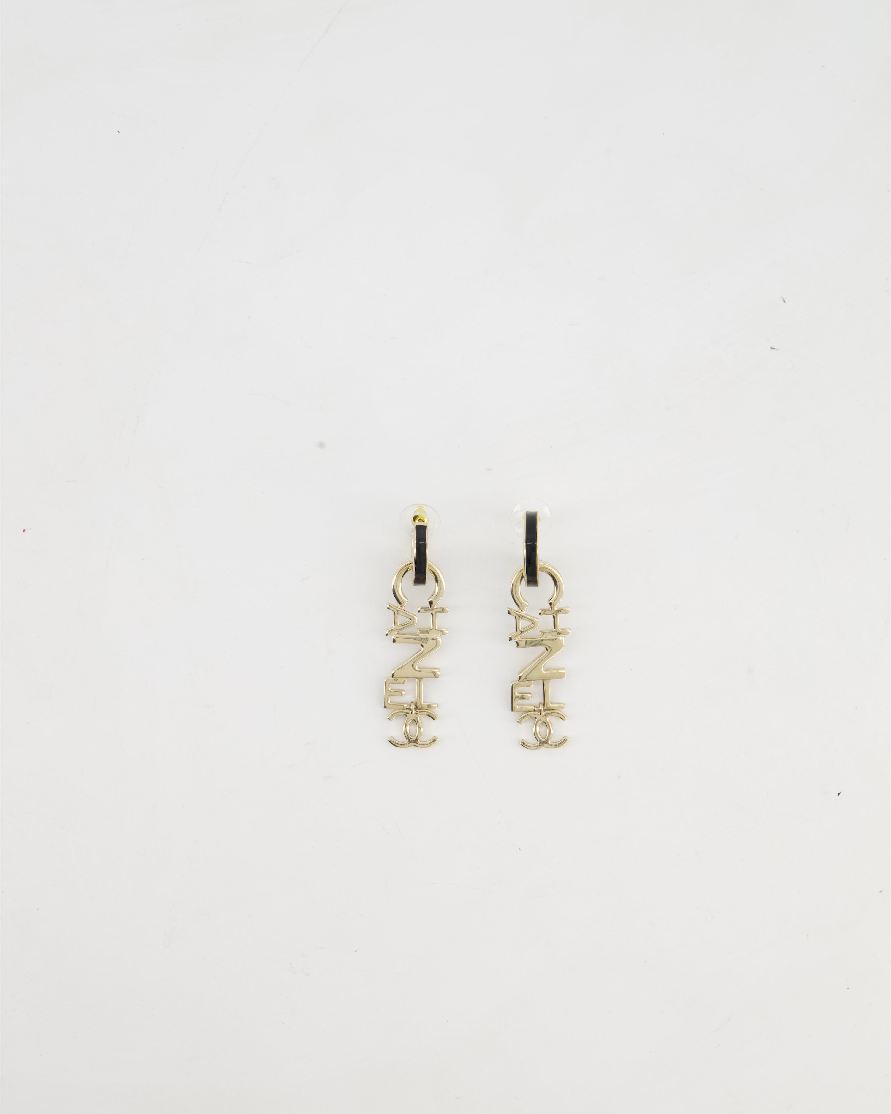 *HOT* Chanel 22K Large Champagne Gold Pendant Earrings with Logo Detail