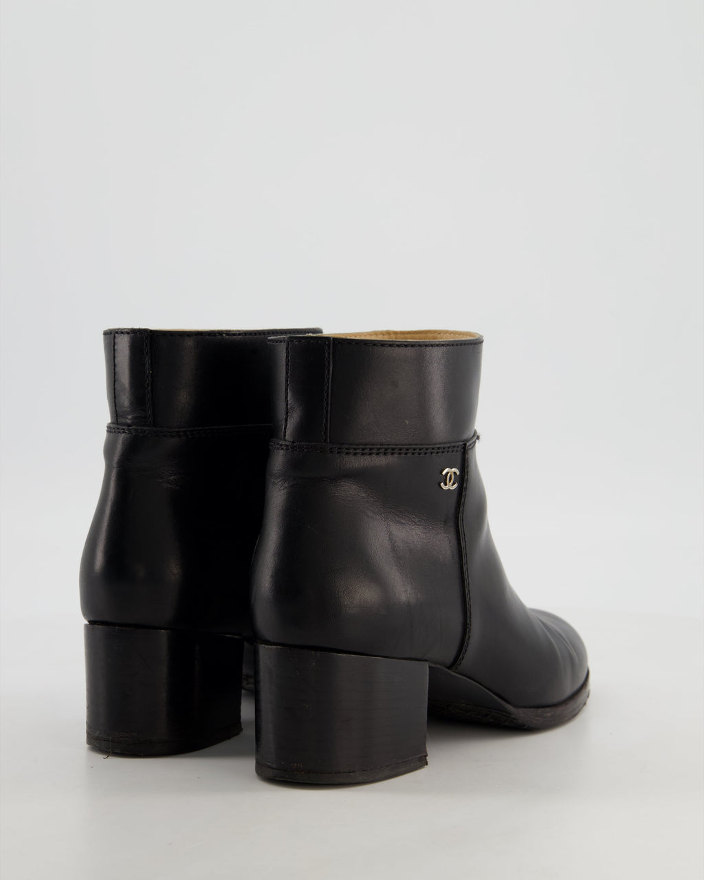 Chanel Black Leather Ankle Boots with Gold CC Logo Size EU 37