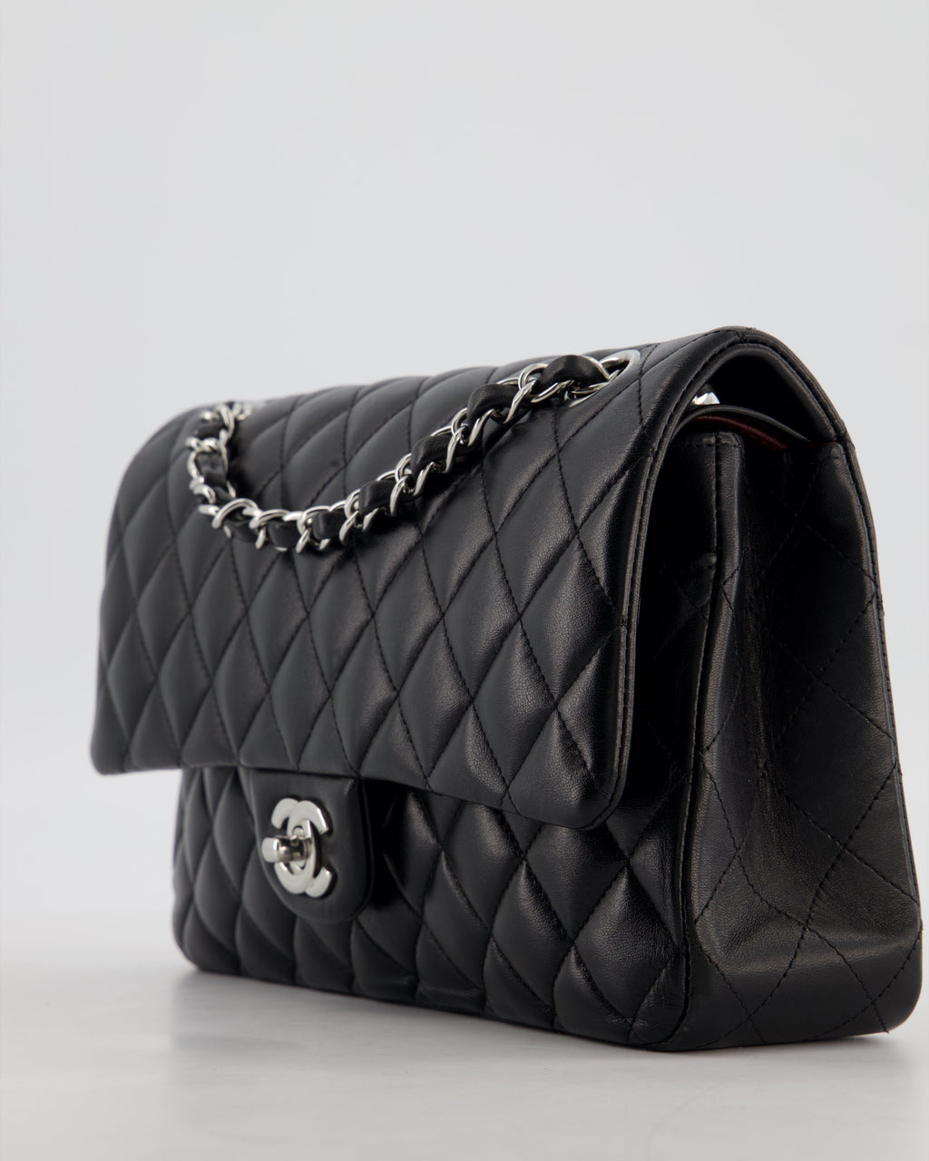 Chanel Black Medium Classic Double Flap Bag in Lambskin Leather with Silver Hardware
