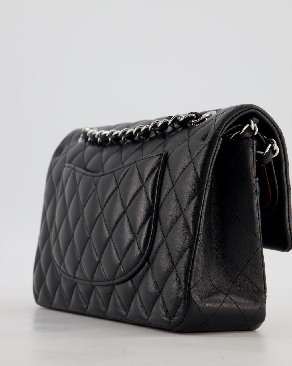 Chanel Black Medium Classic Double Flap Bag in Lambskin Leather with Silver Hardware