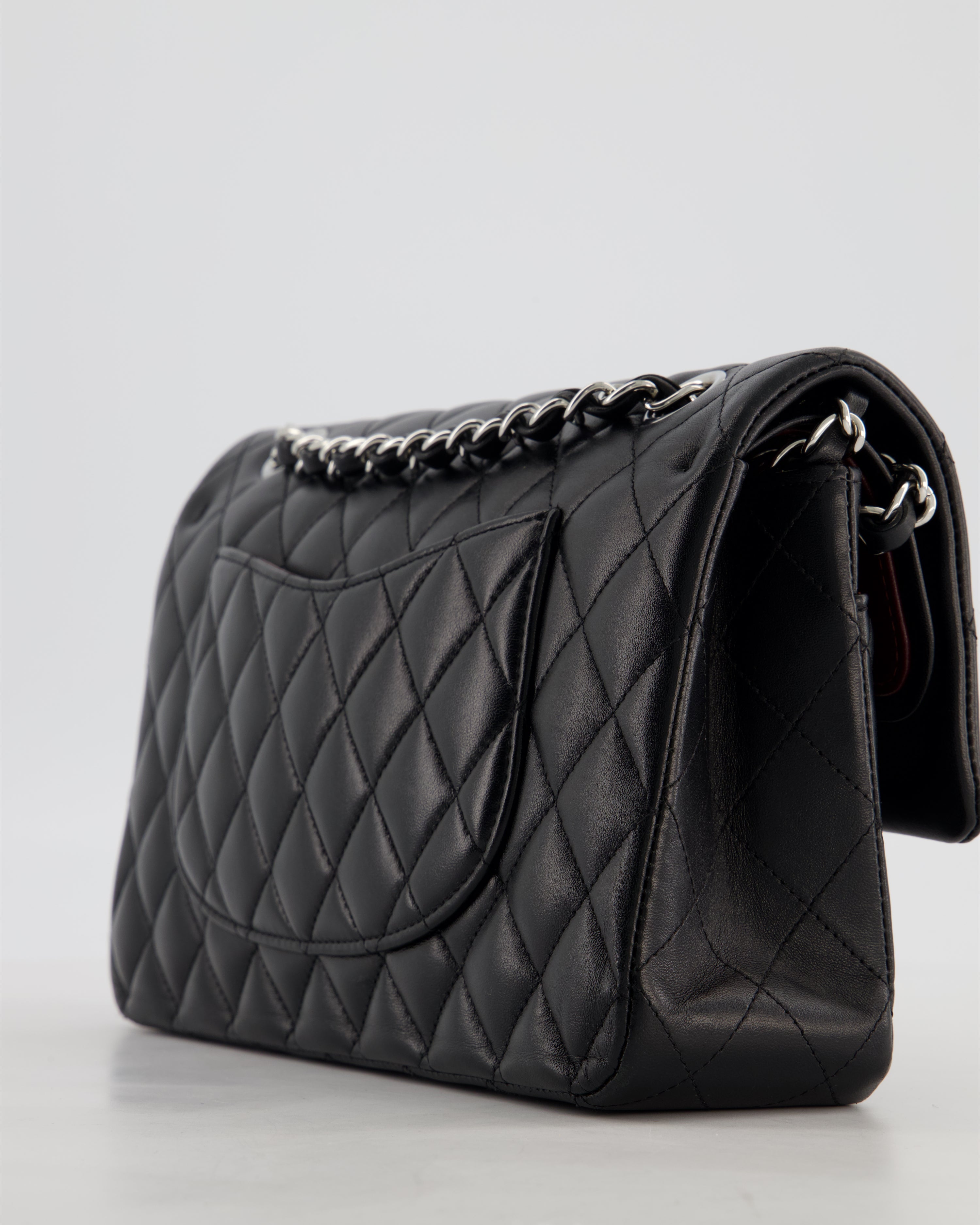 Chanel Black Medium Classic Double Flap Bag in Lambskin Leather with Silver Hardware