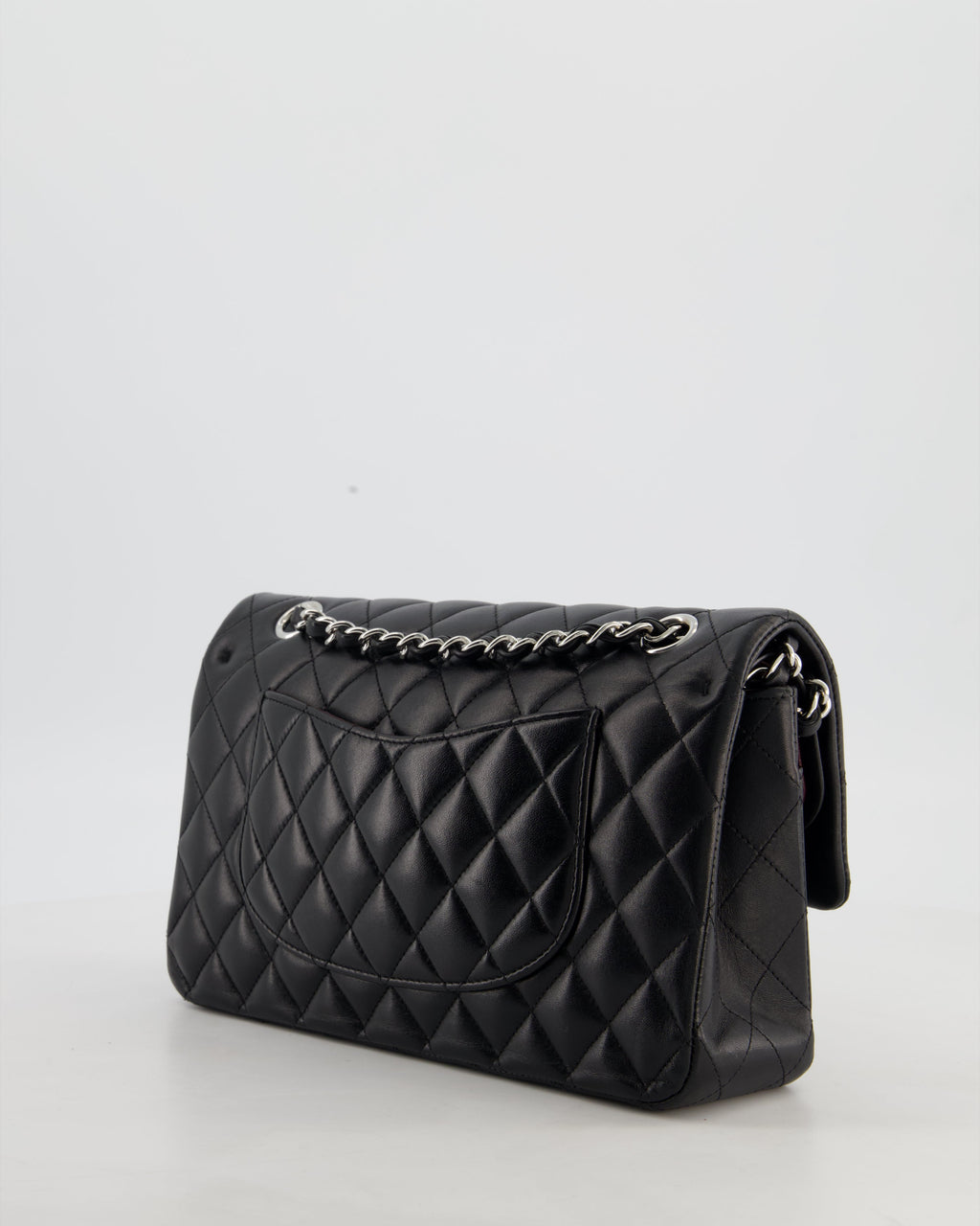 Chanel Black Medium Classic Double Flap Bag in Lambskin Leather with Silver Hardware