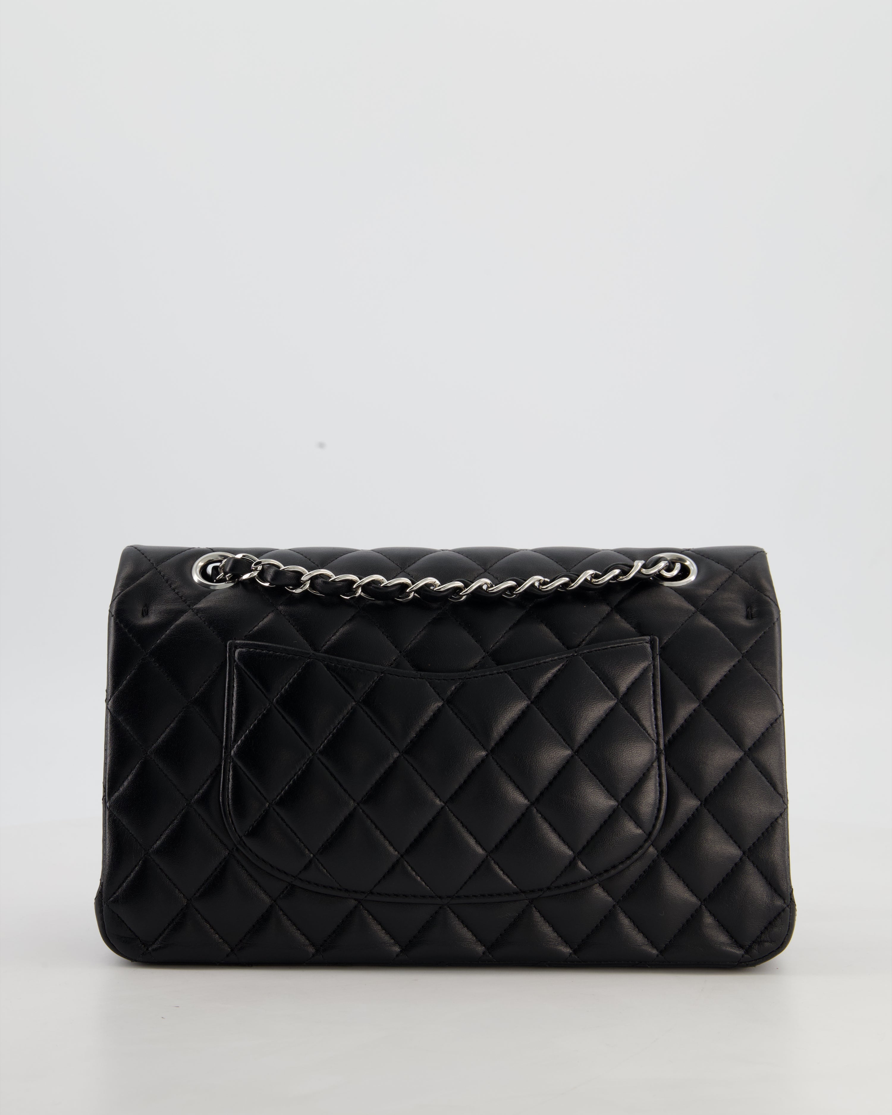 Chanel Black Medium Classic Double Flap Bag in Lambskin Leather with Silver Hardware