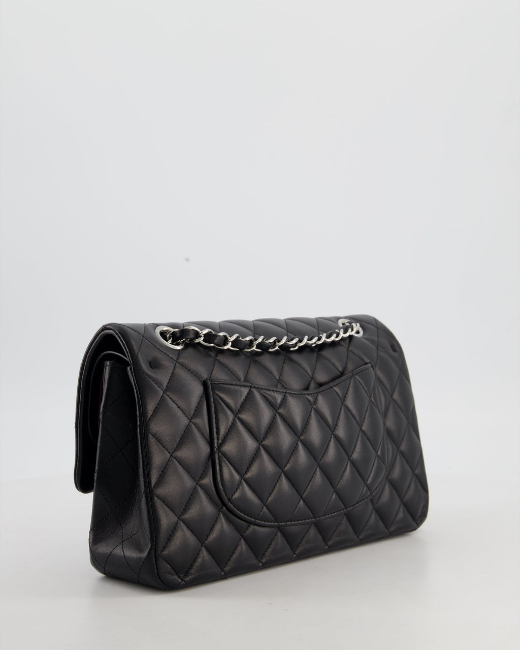 Chanel Black Medium Classic Double Flap Bag in Lambskin Leather with Silver Hardware